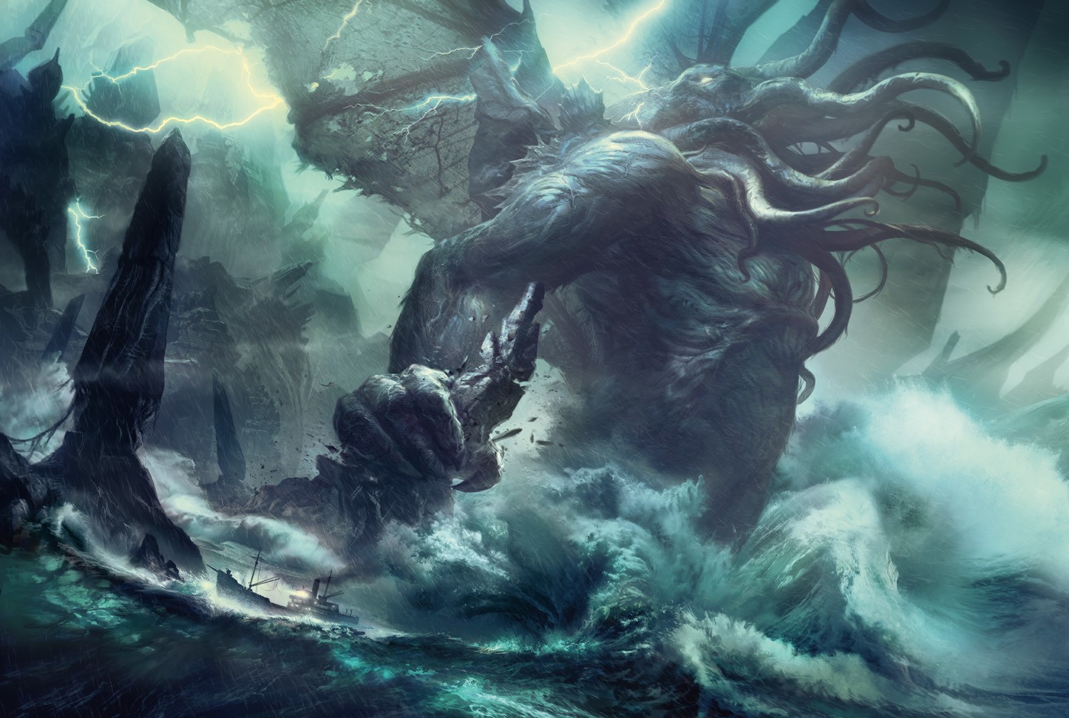 Cthulhu in a stormy sea with lightning and a ship HD Wallpaper