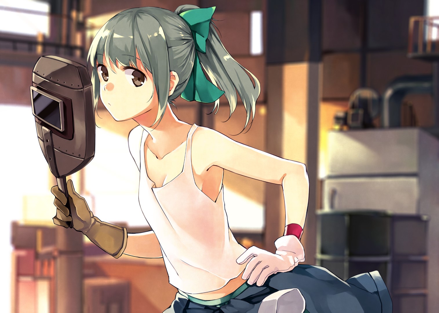 Anime girl with green hair and welding mask HD Wallpaper