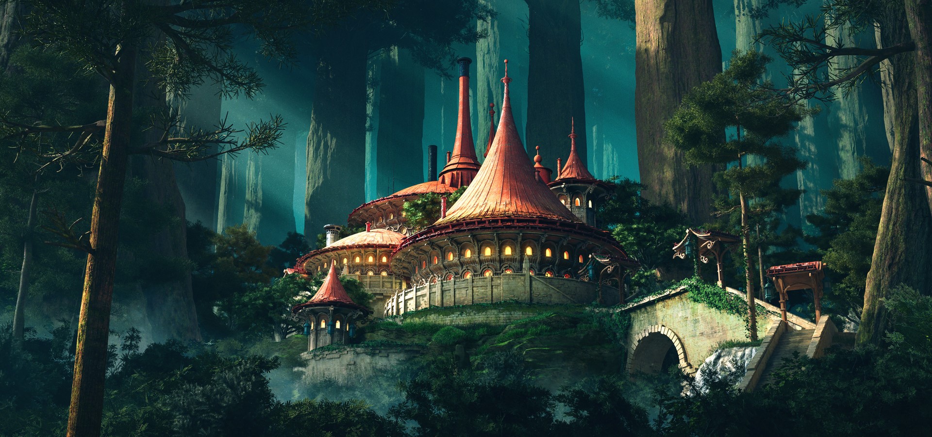 Fantasy elven village in a redwood forest HD Wallpaper