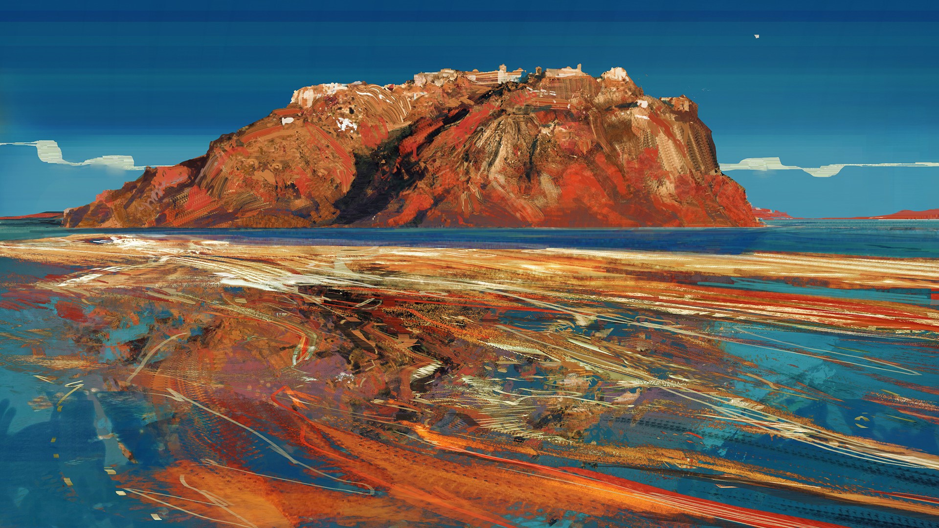 Digital painting of a rocky island with a town and reflective water HD Wallpaper