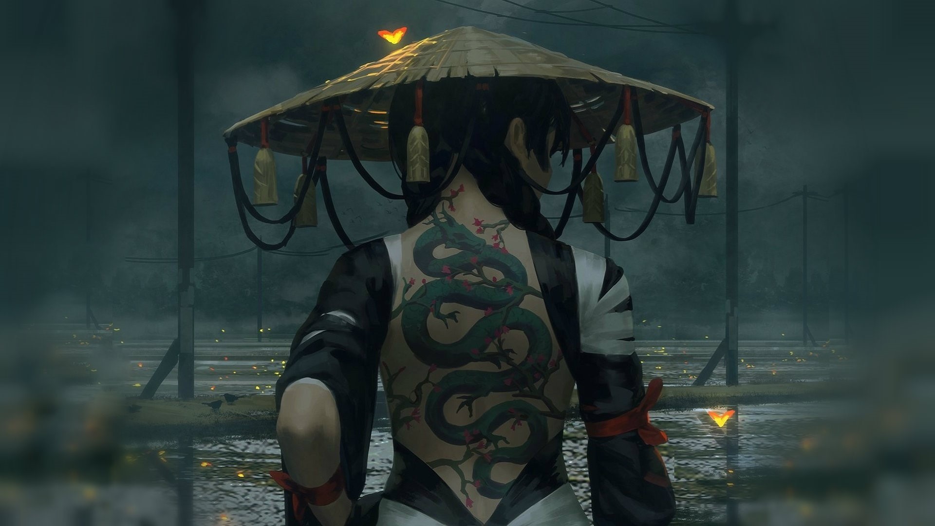 Woman with dragon tattoo wearing a conical hat HD Wallpaper