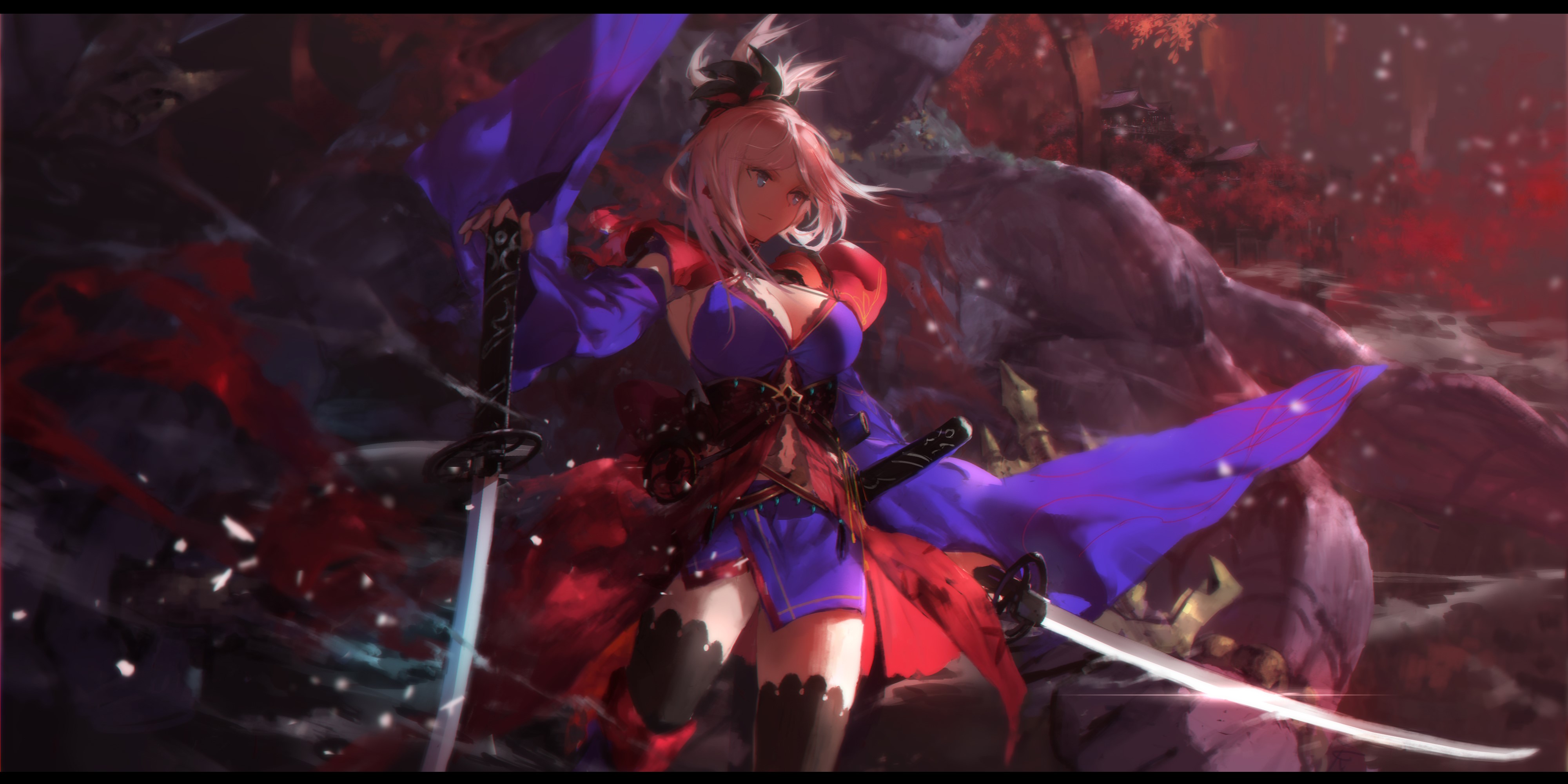 4K Miyamoto Musashi from Fate/Grand Order with katanas HD Wallpaper