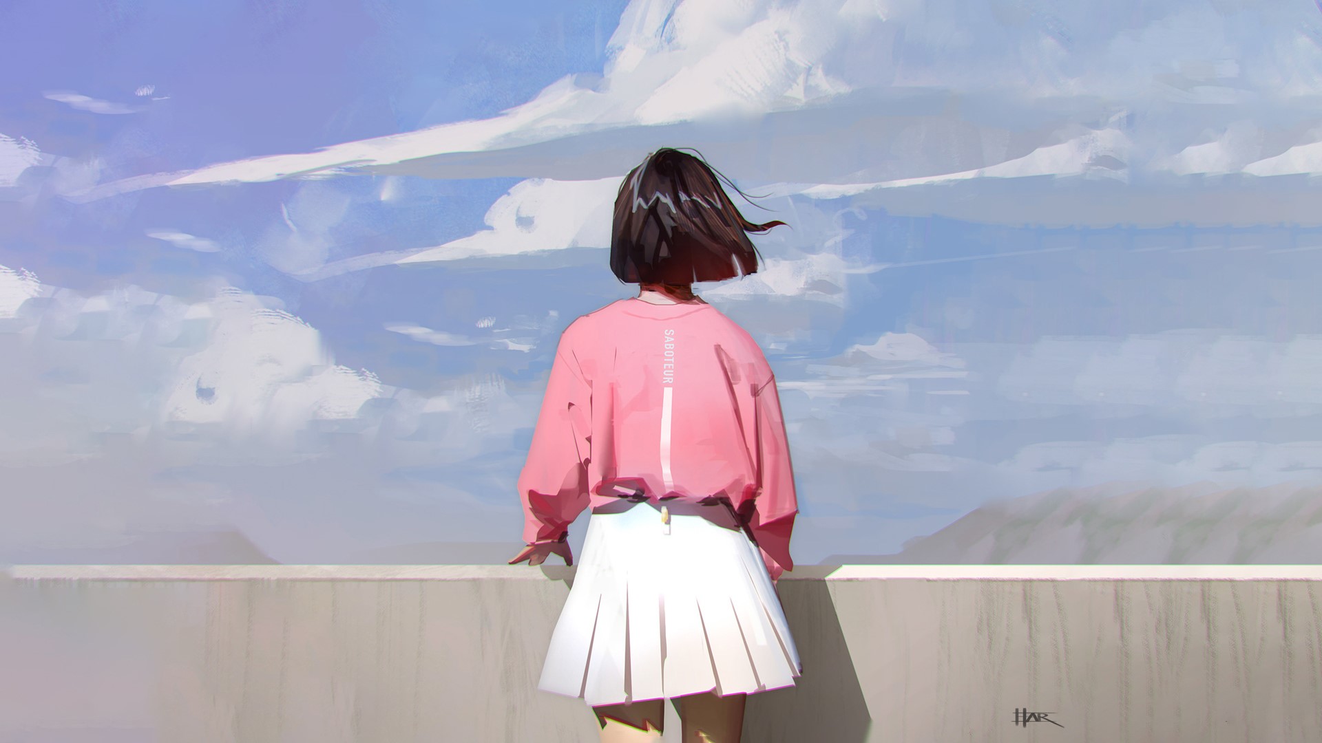 Girl in pink sweatshirt and white skirt looking at clouds HD Wallpaper