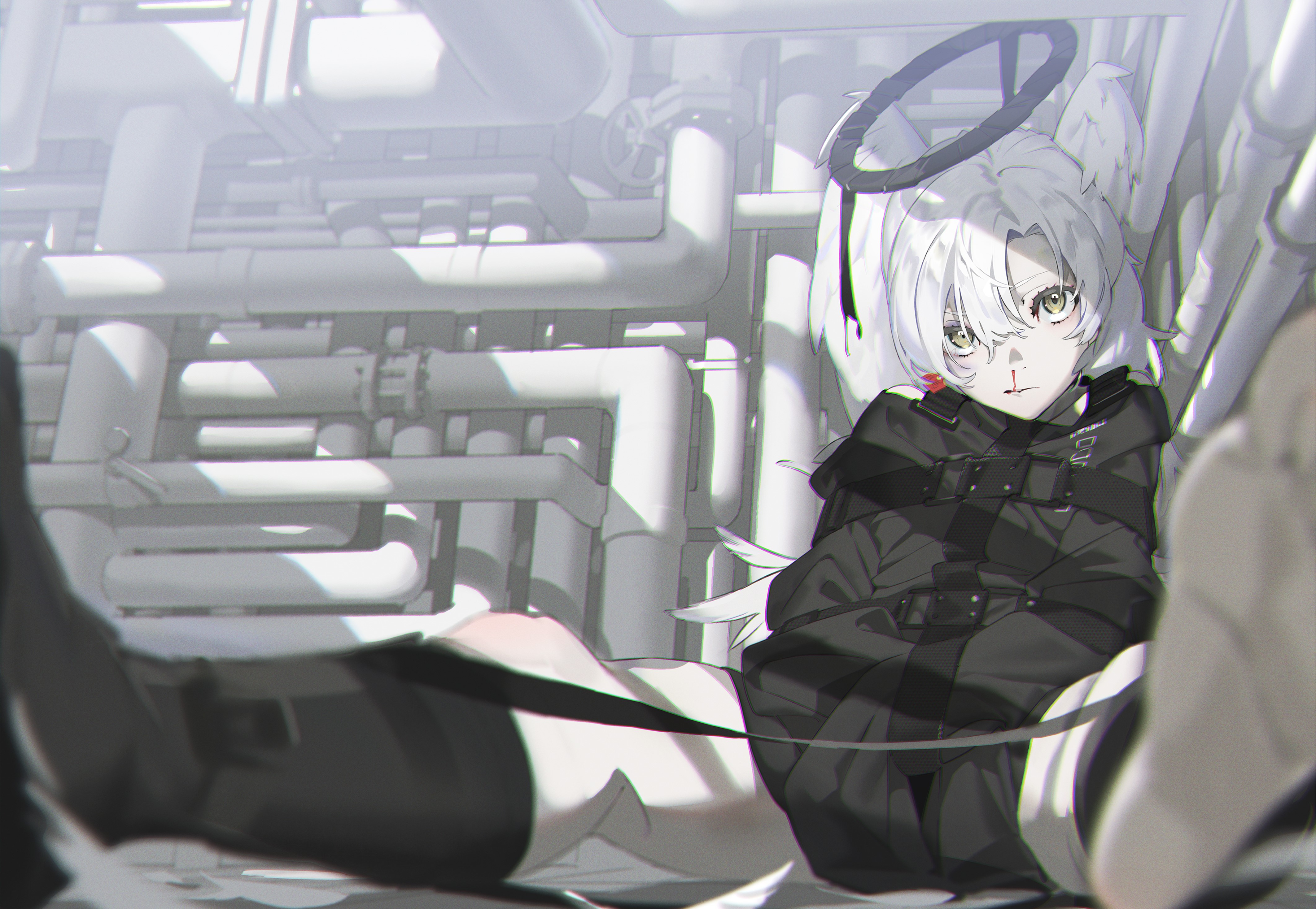 Anime girl with halo and wings in black outfit HD Wallpaper