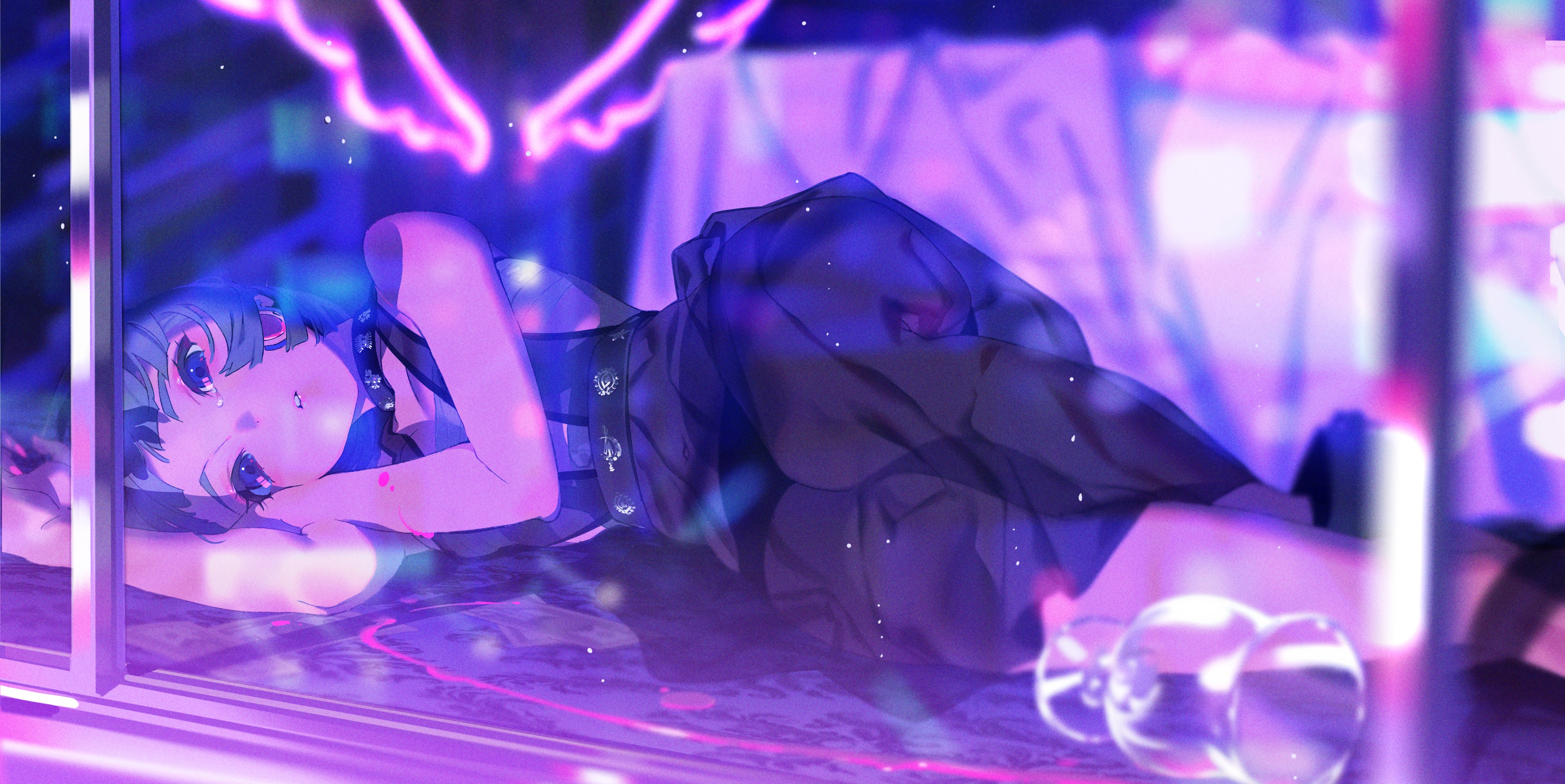 Anime girl with blue hair and purple eyes lying down HD Wallpaper