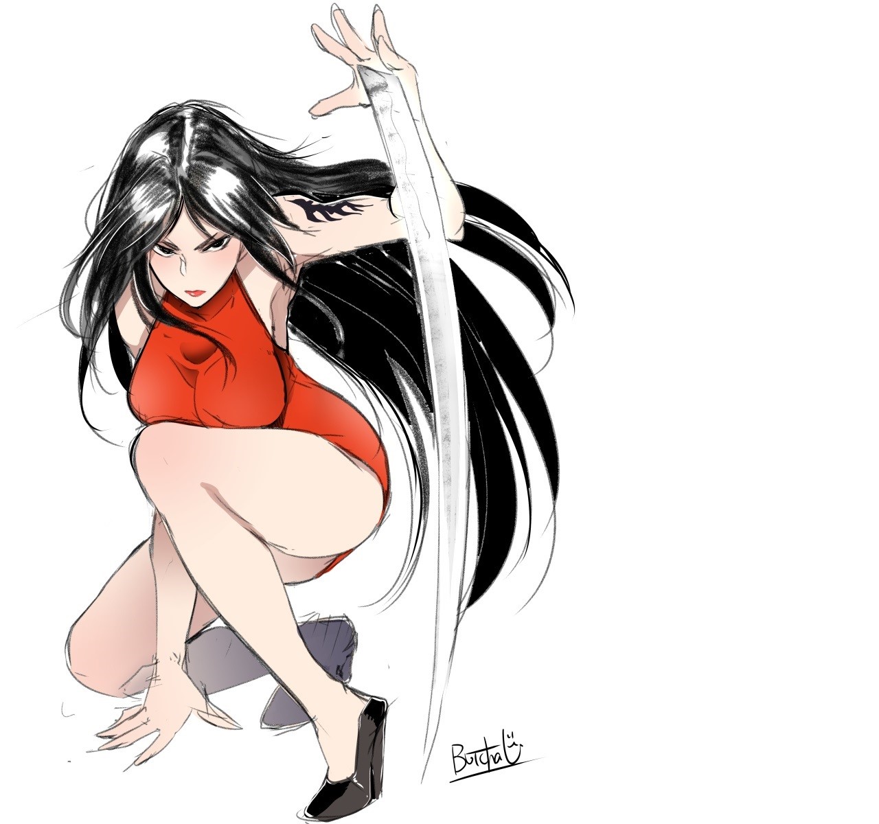 Anime girl with black hair and sword HD Wallpaper