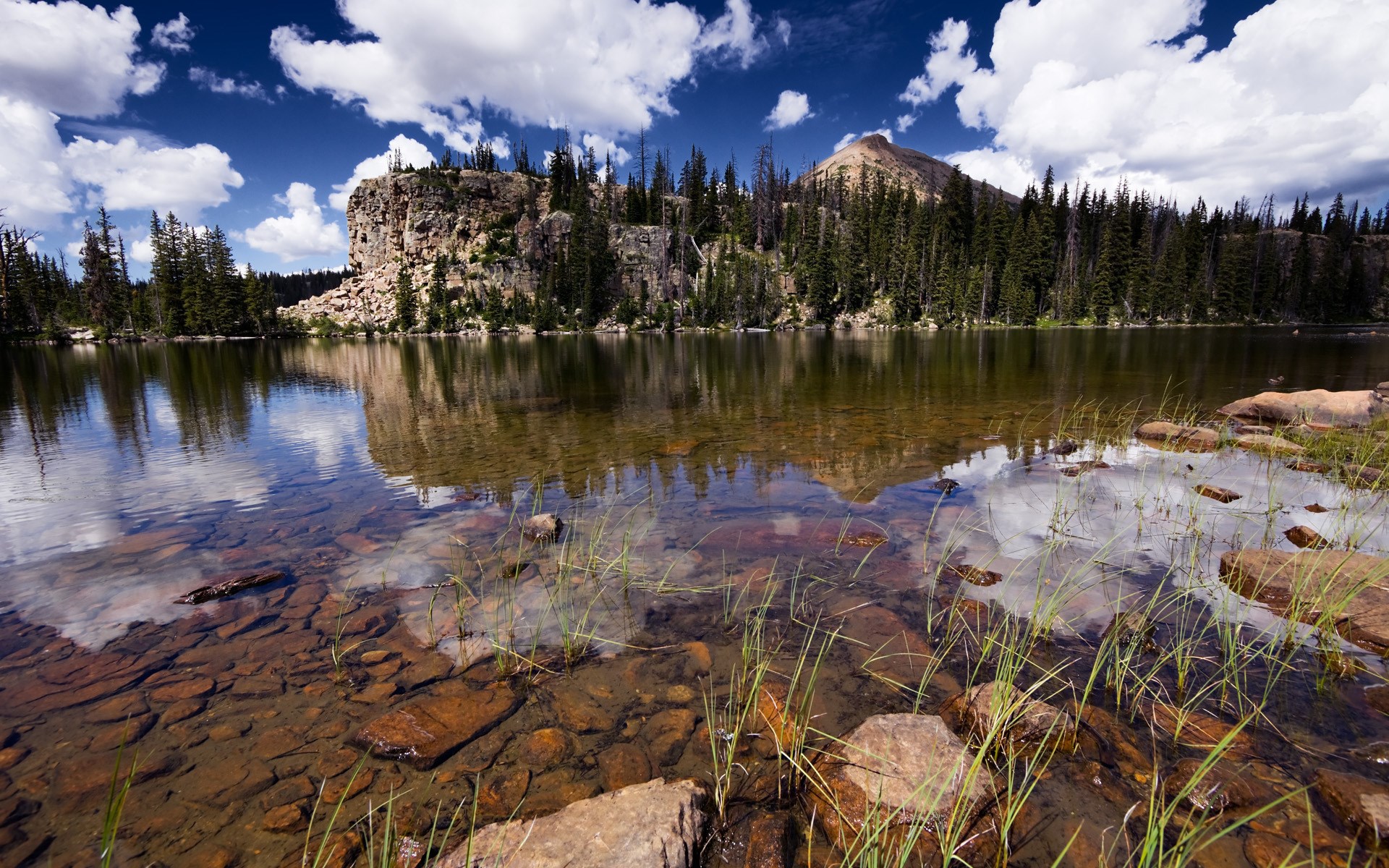 Lake reflecting mountains and trees under a cloudy sky HD Wallpaper