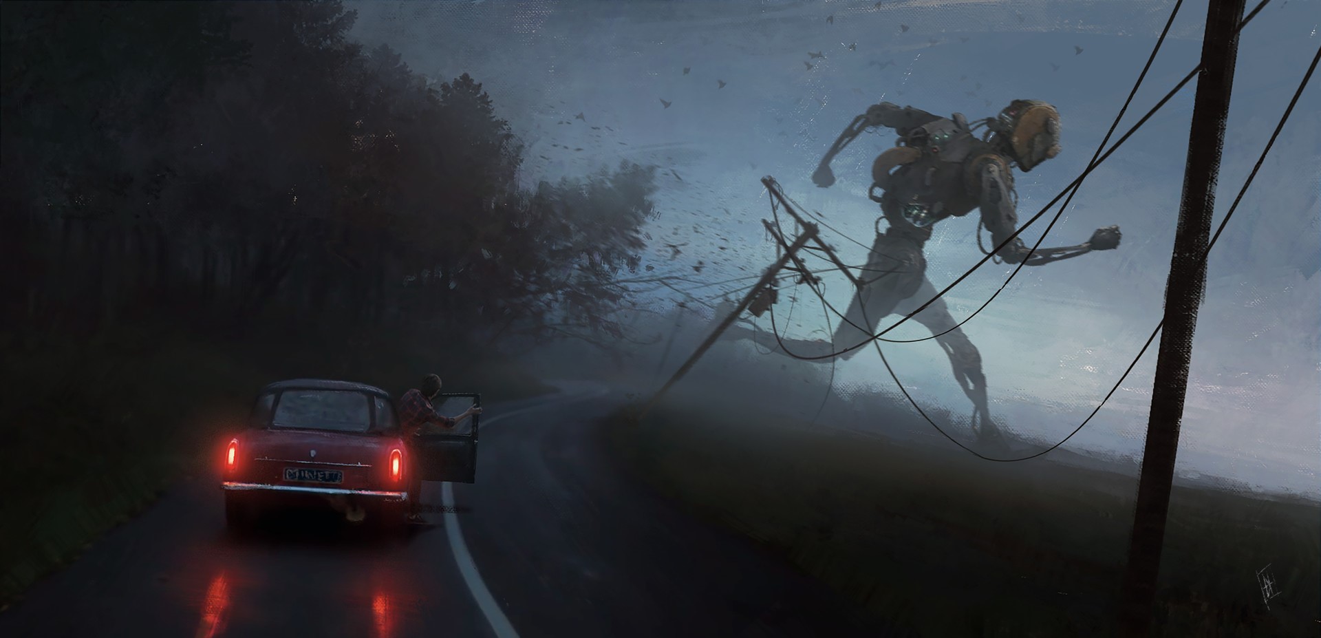 Giant robot running on a foggy road next to a car HD Wallpaper