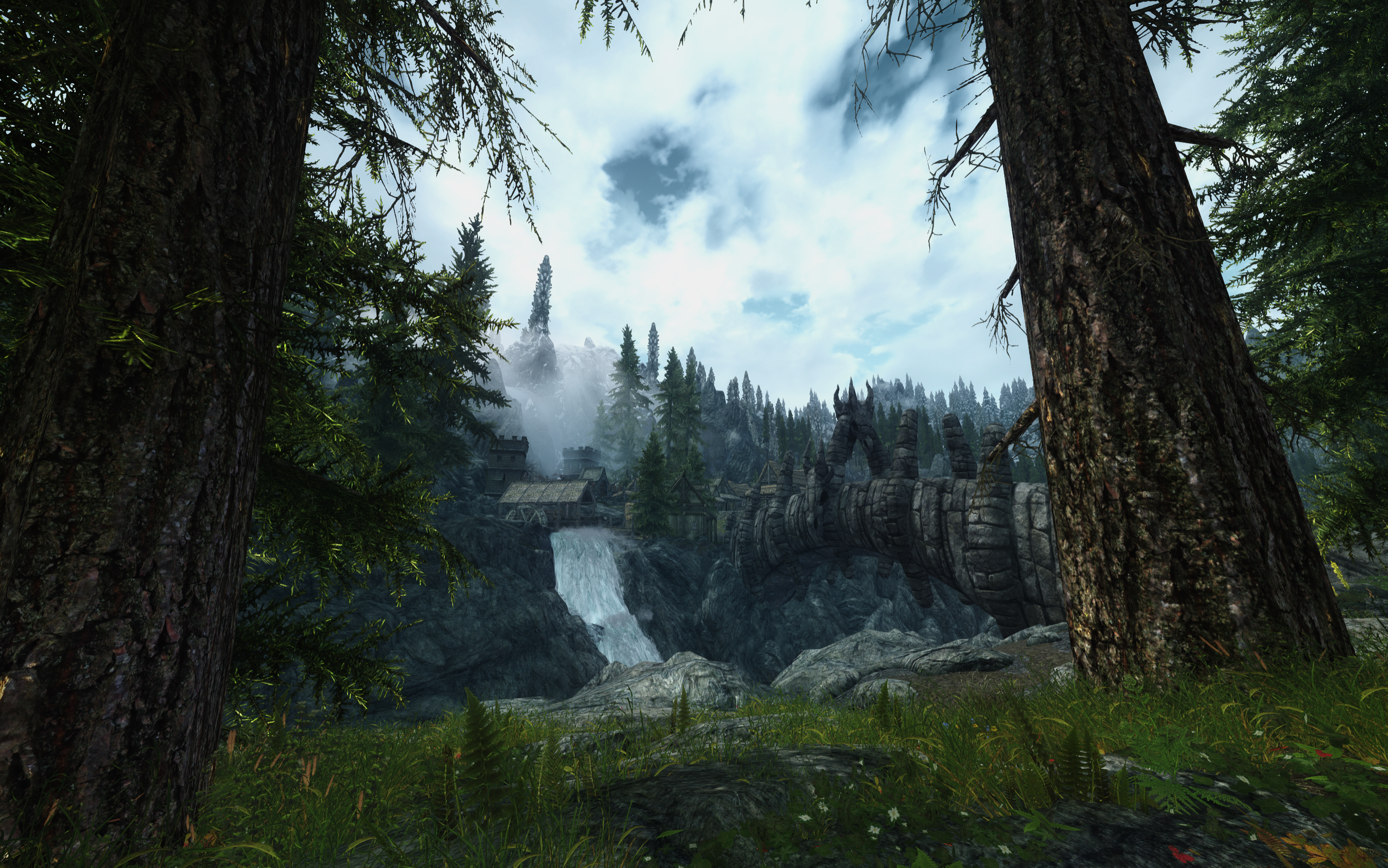 The Elder Scrolls V: Skyrim screenshot of a fantasy village HD Wallpaper