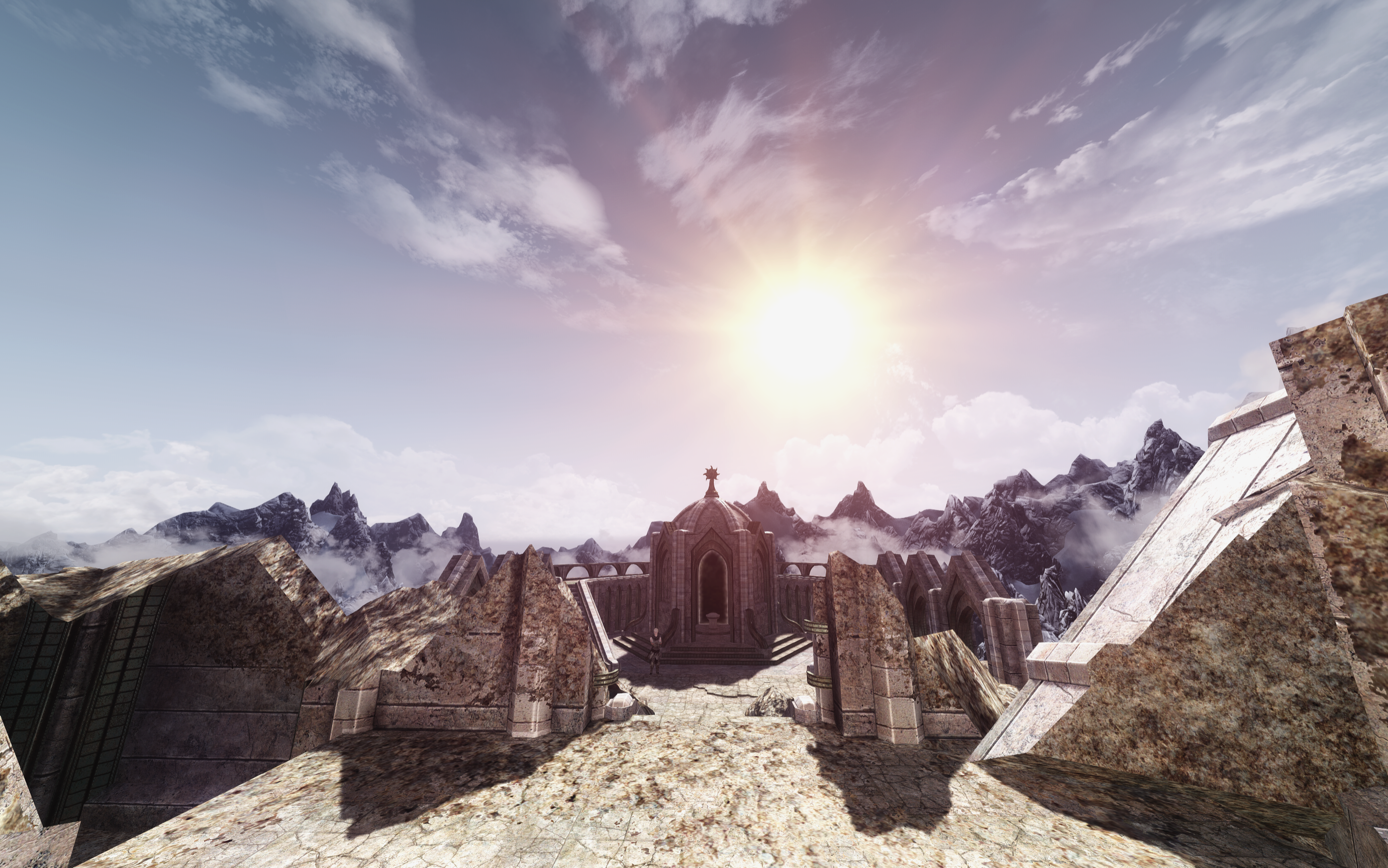 The Elder Scrolls V: Skyrim ancient ruins and mountains HD Wallpaper