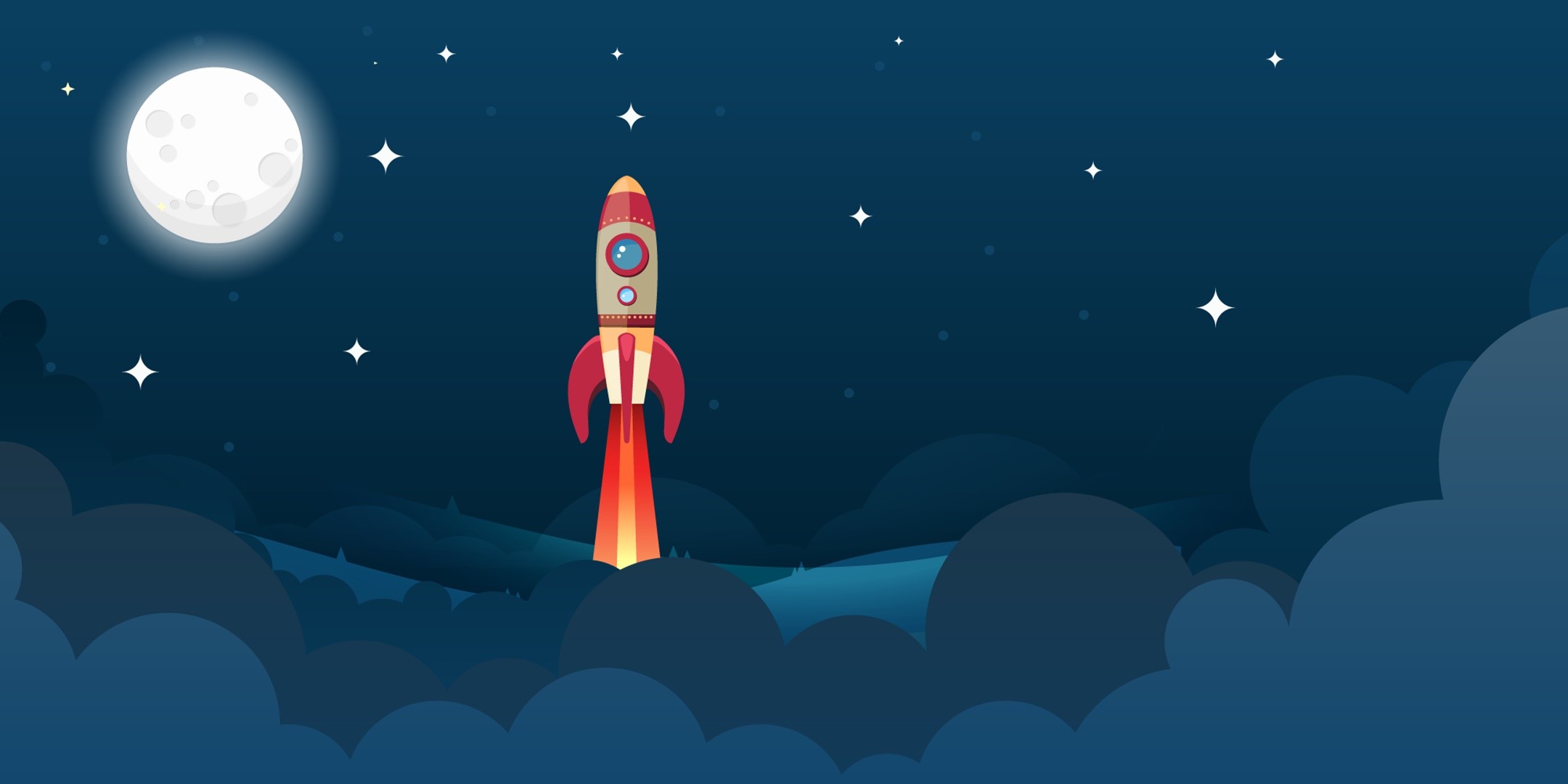 Rocket launching into starry night sky with moon HD Wallpaper