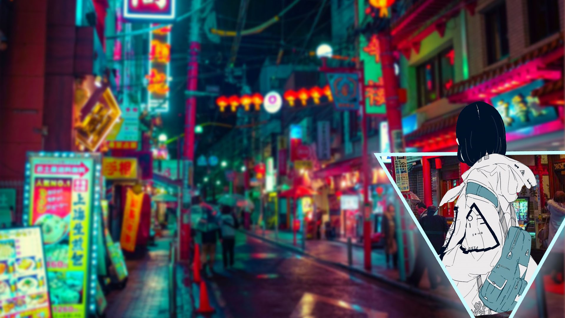 Anime girl in a neon city street HD Wallpaper