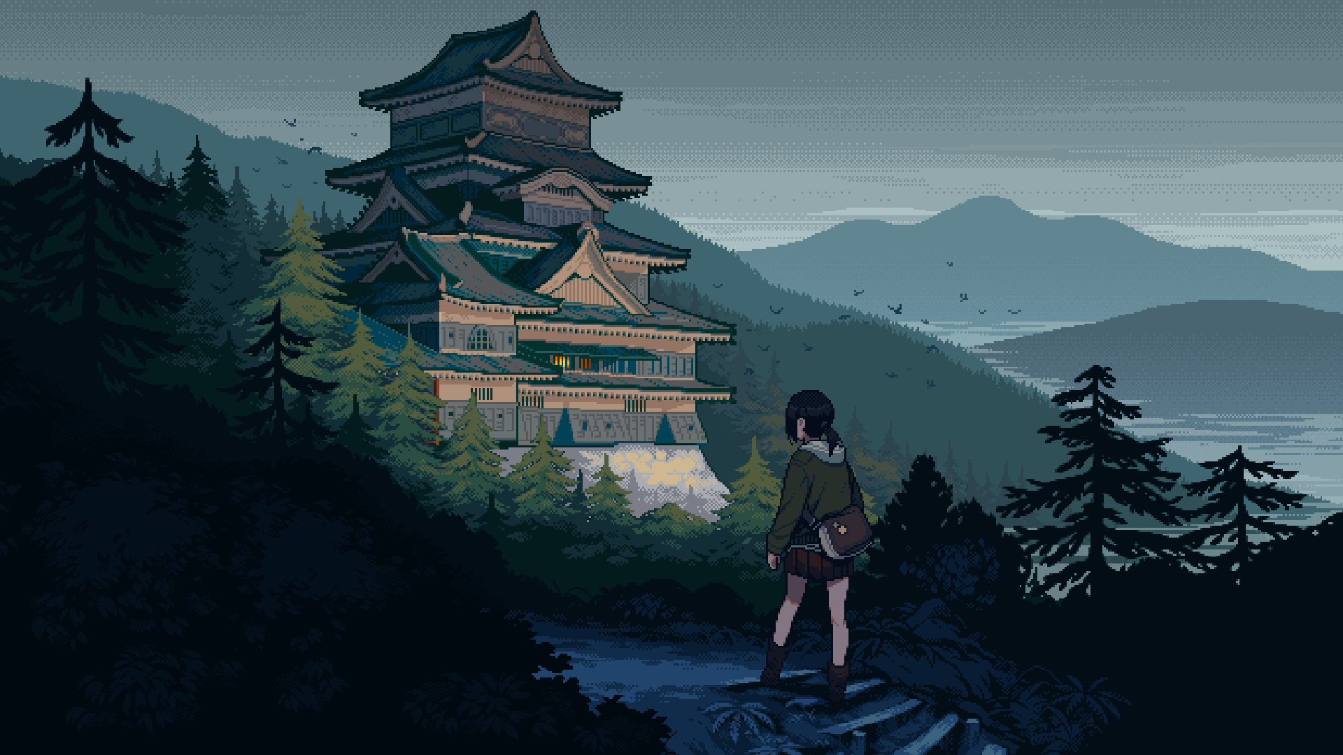 Pixel art anime girl looking at a Japanese castle in the mountains HD Wallpaper