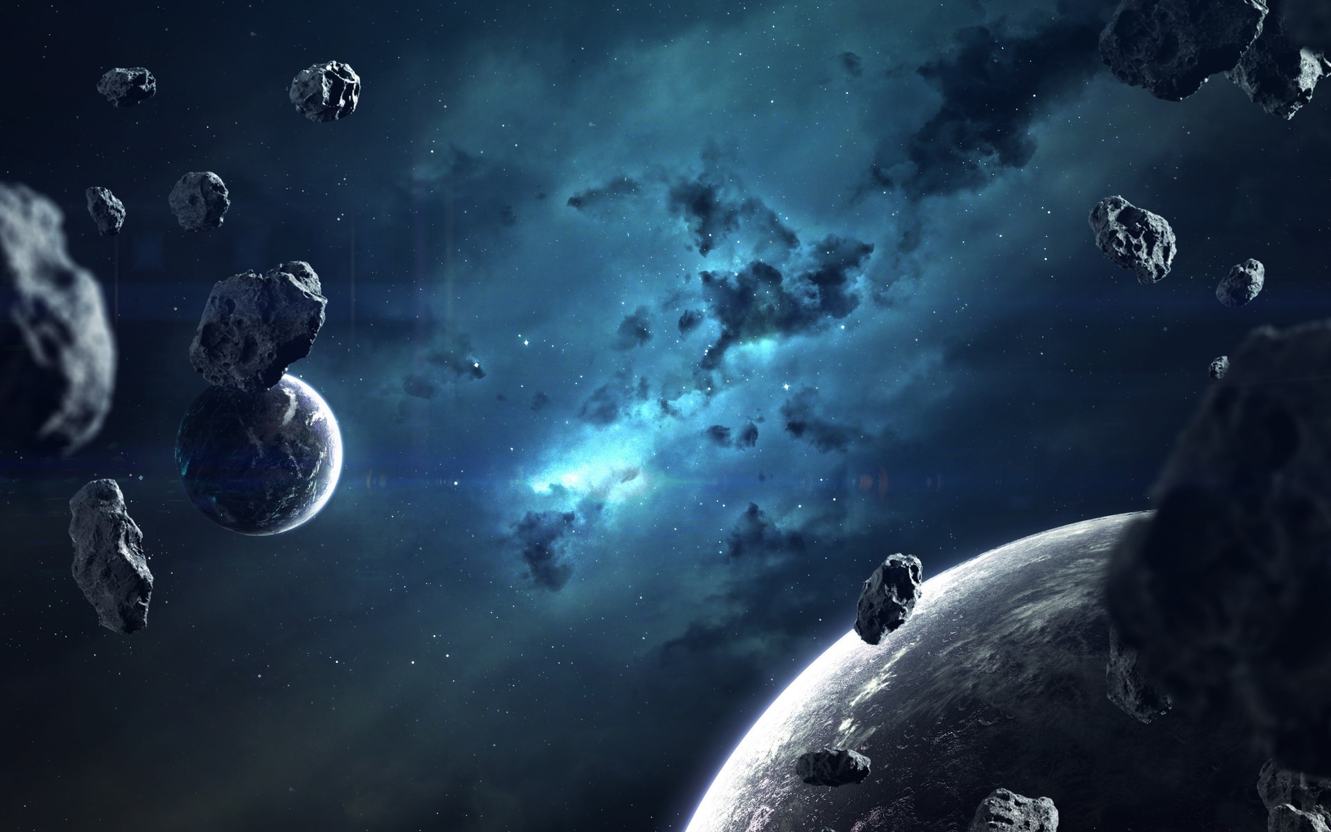 Space art with planets and asteroids HD Wallpaper