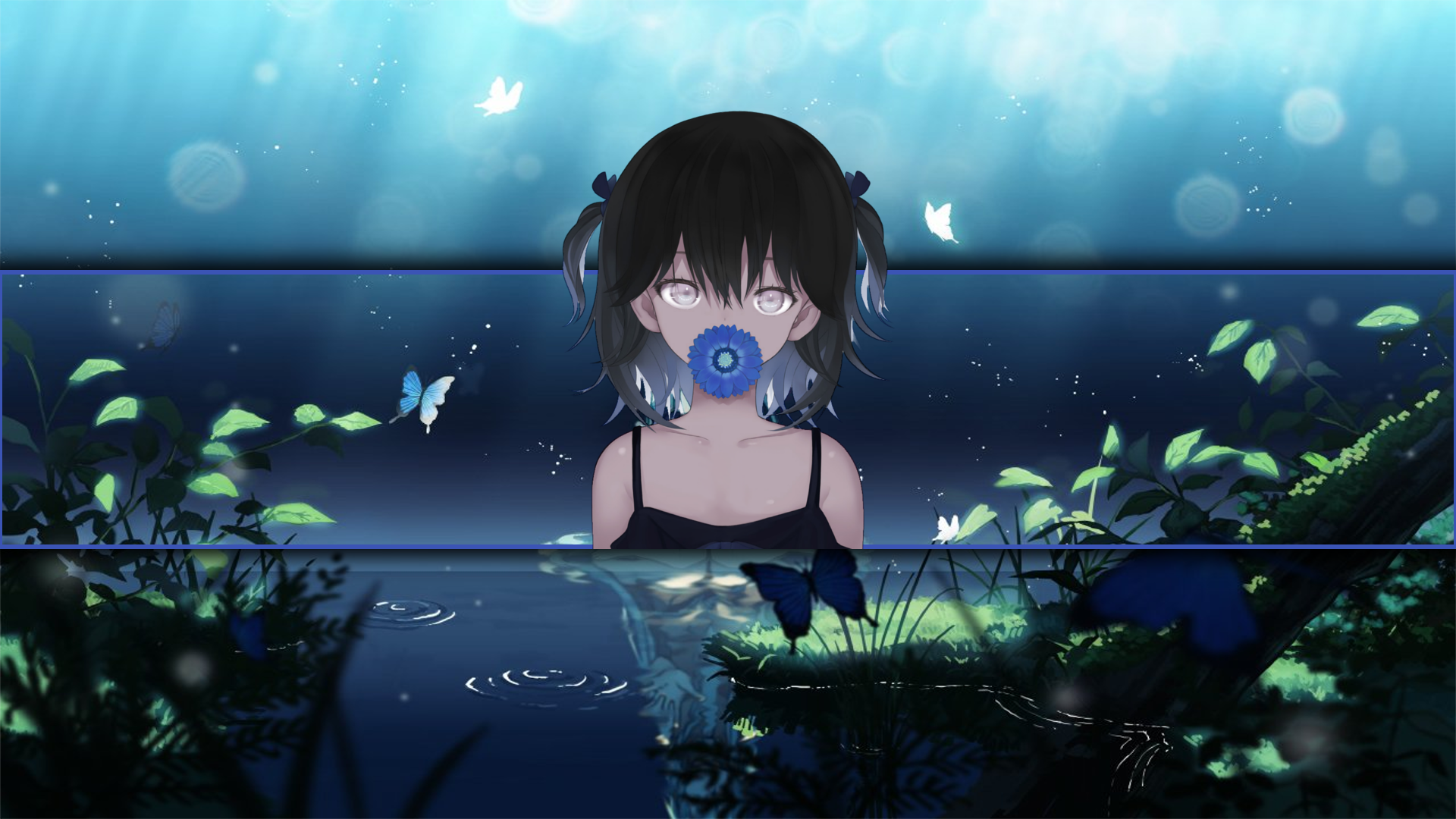 Anime girl with blue flower in mouth and butterflies HD Wallpaper