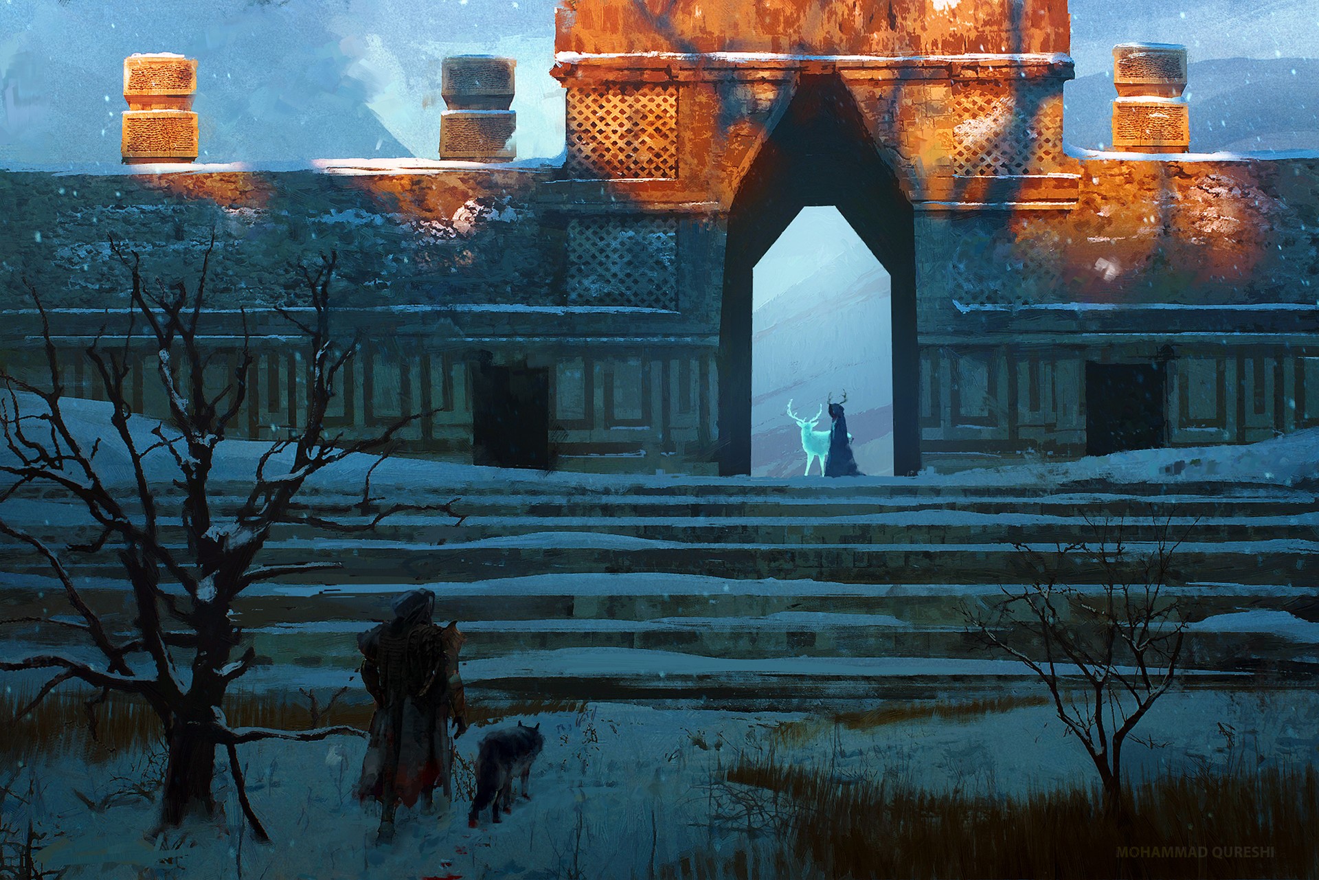 Fantasy art of adventurers and a spirit deer in snow HD Wallpaper