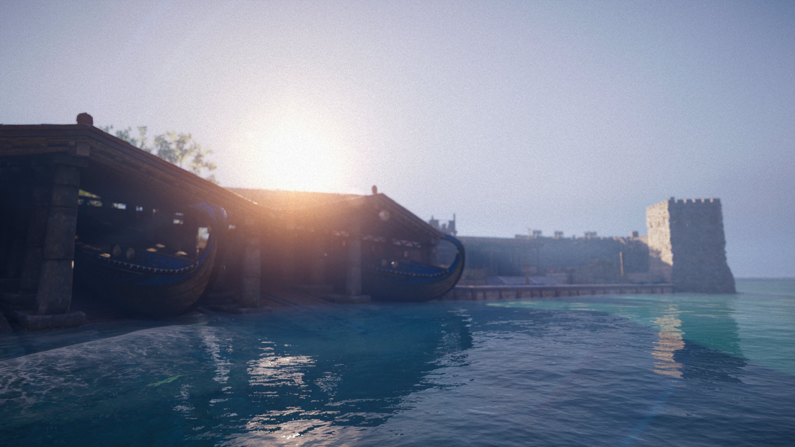 Ships in a harbor with a castle in Assassin's Creed: Odyssey HD Wallpaper