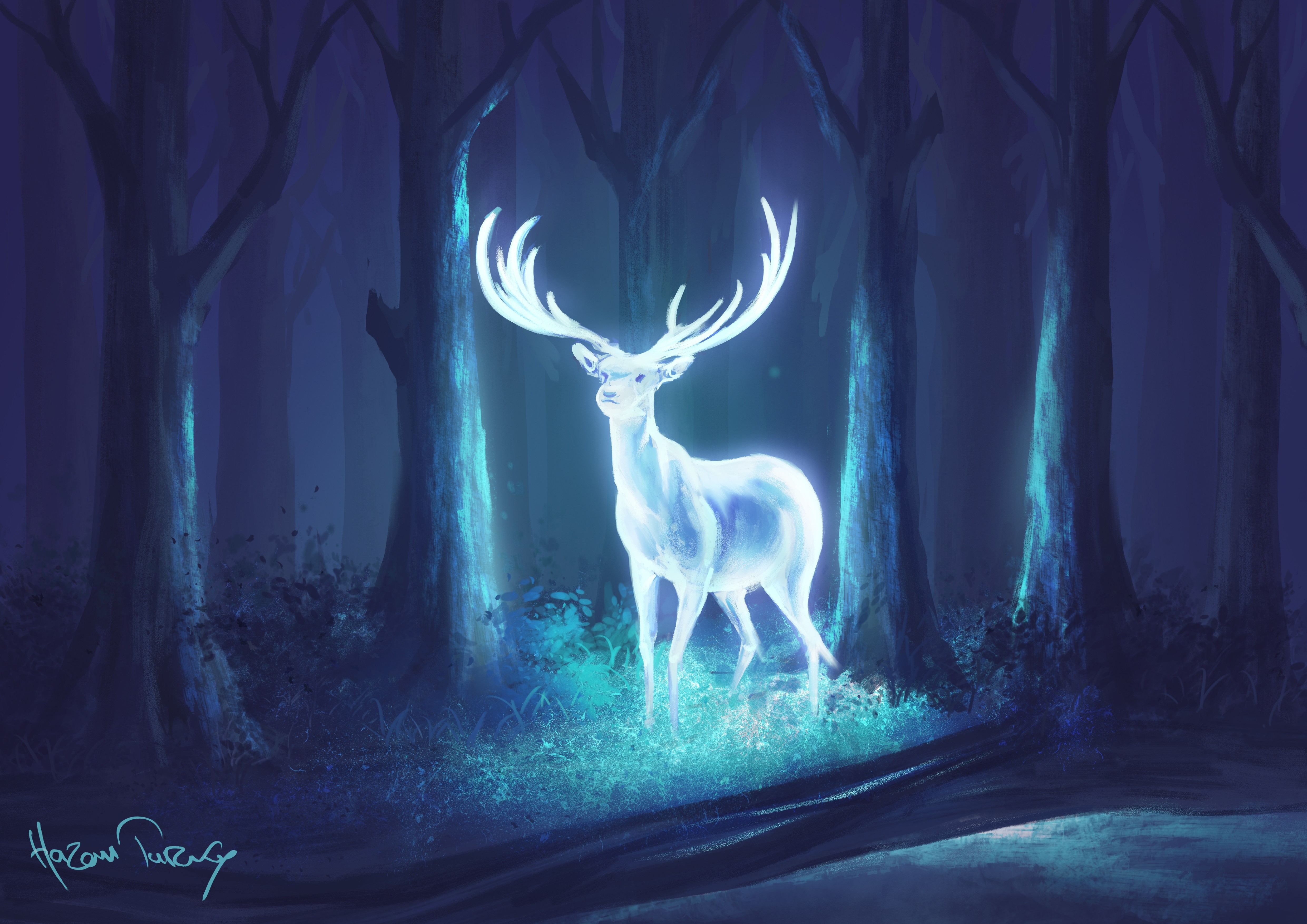 Glowing deer in a dark blue forest HD Wallpaper
