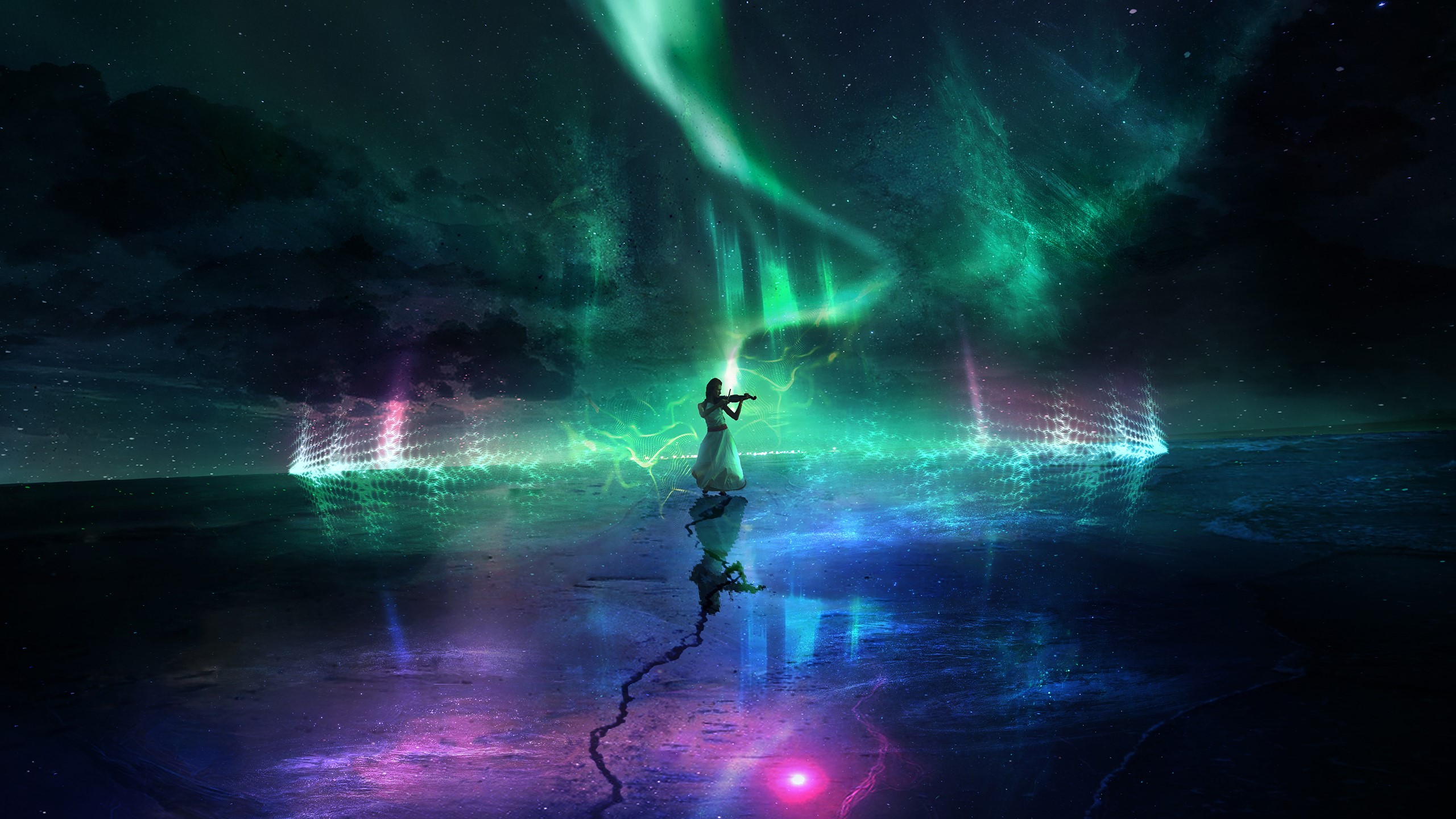 Woman playing violin under aurora borealis HD Wallpaper