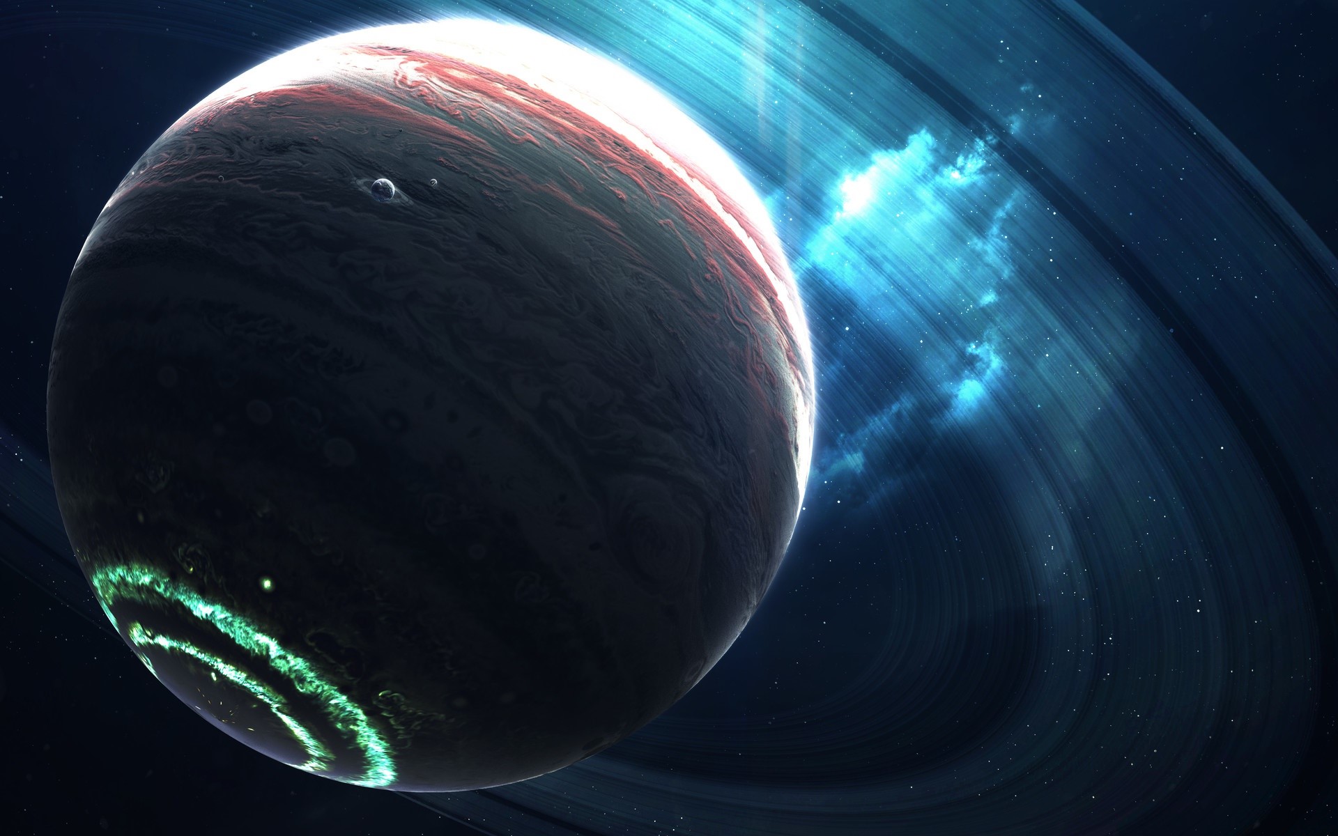 Planet with rings and aurora in space HD Wallpaper