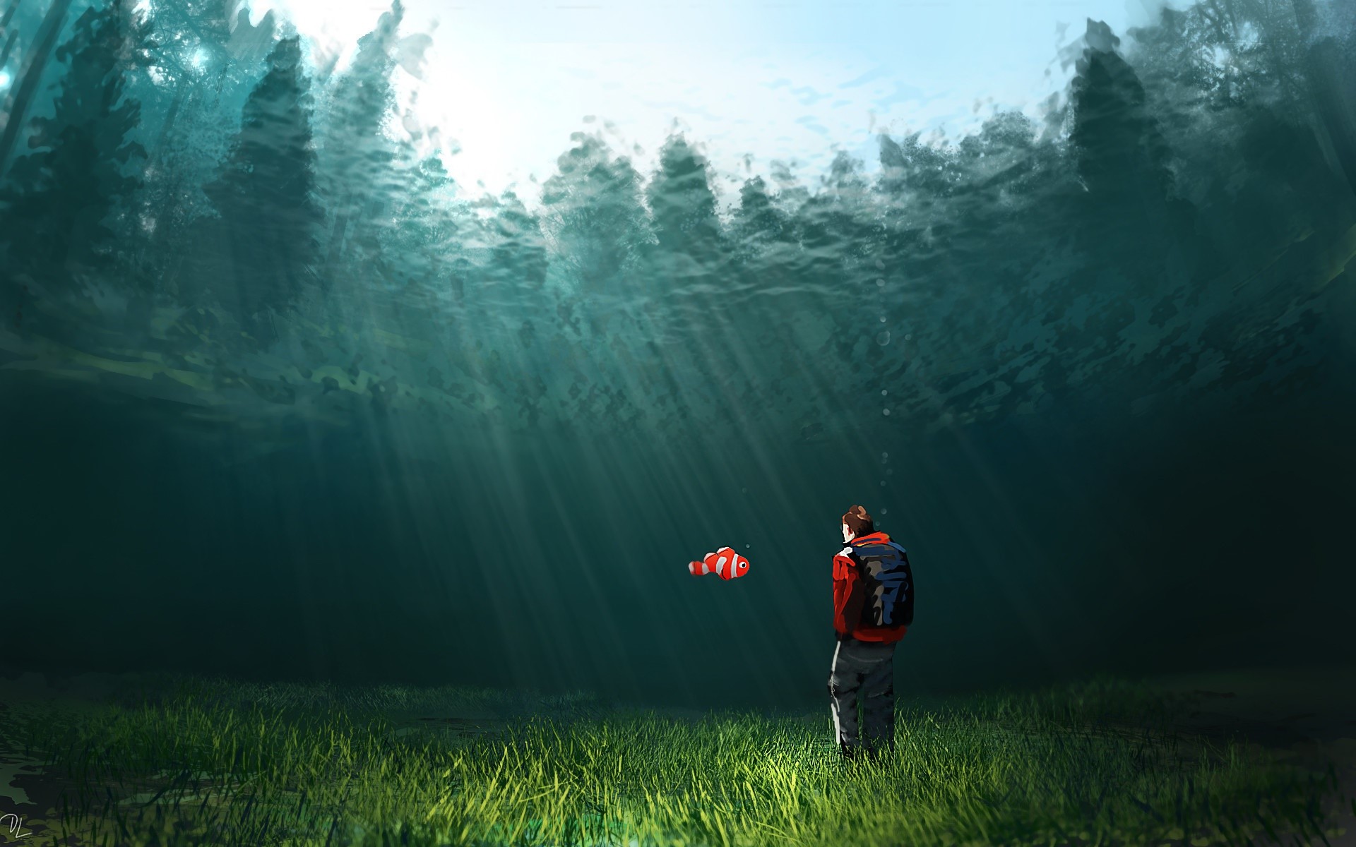 Underwater forest scene with a person and a clownfish HD Wallpaper