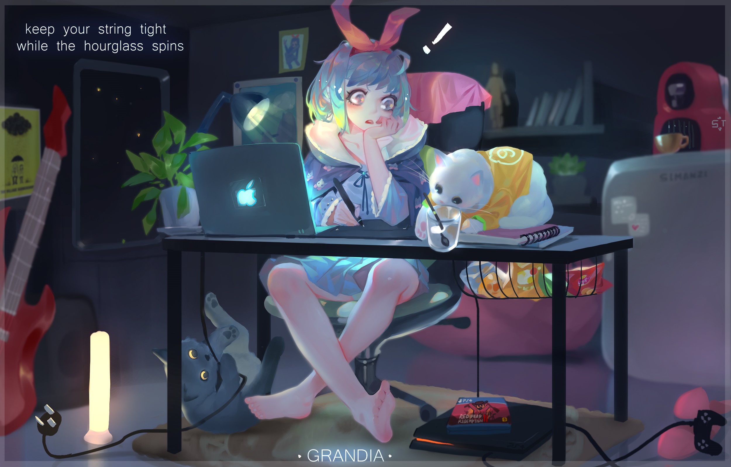 Anime girl with cats and computer HD Wallpaper