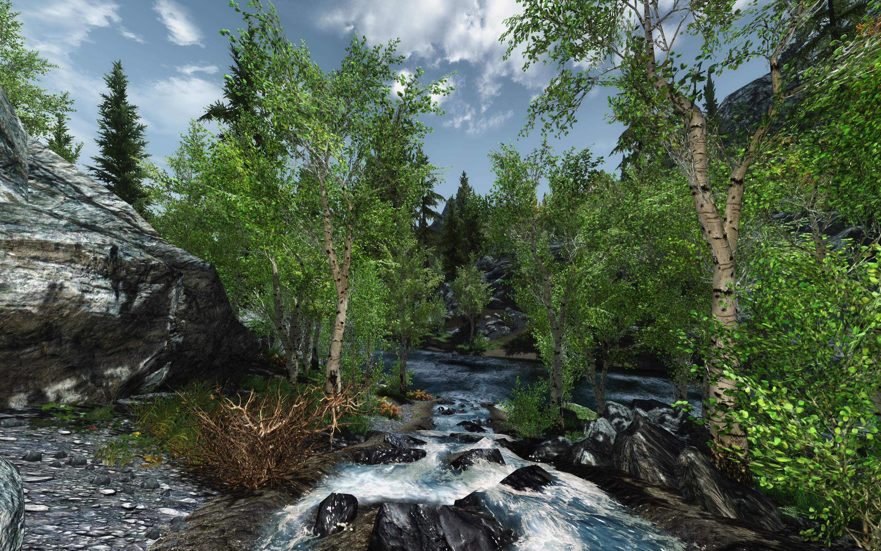 The Elder Scrolls V: Skyrim landscape with a river HD Wallpaper