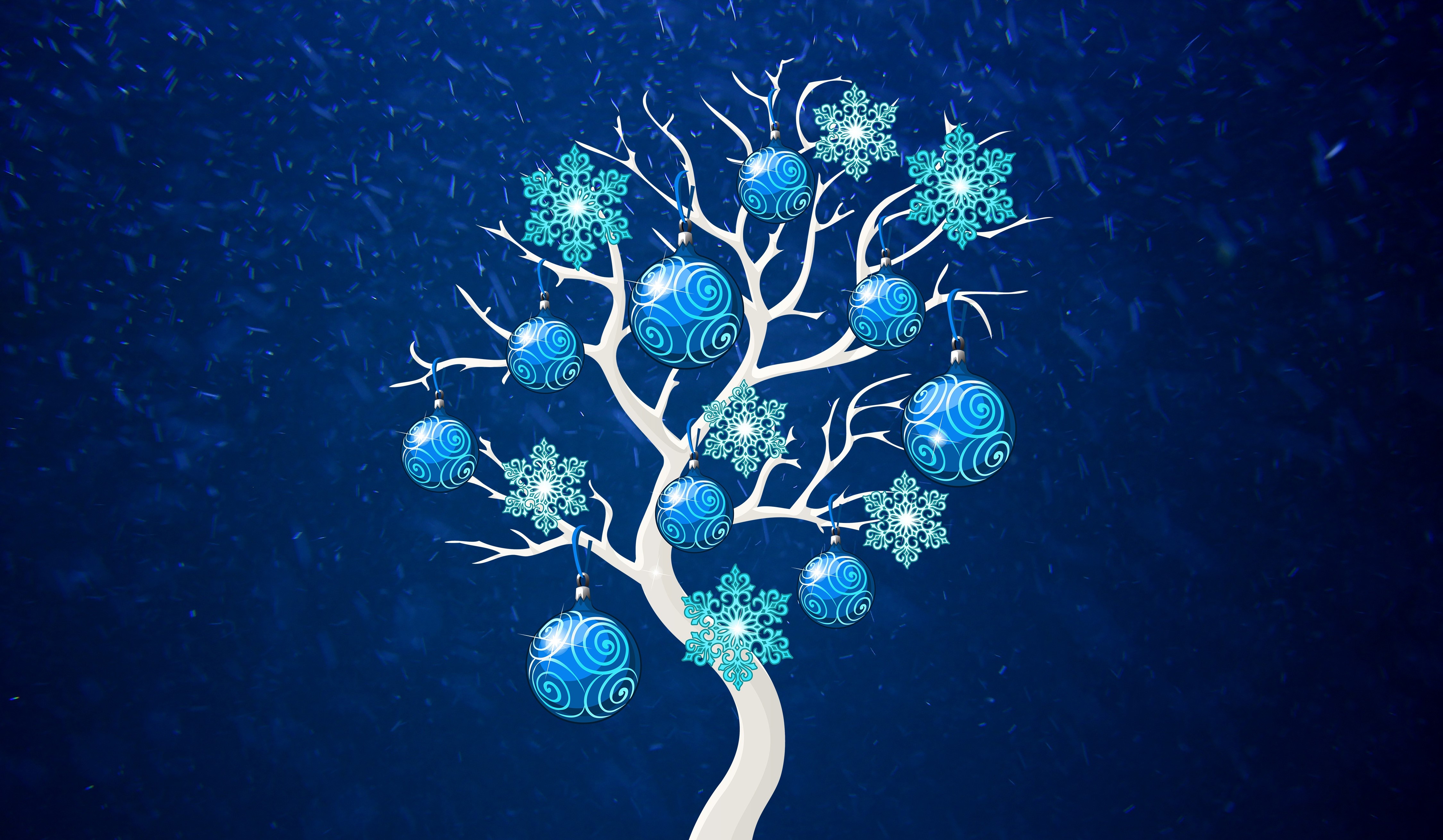 Christmas tree with blue ornaments and snowflakes HD Wallpaper