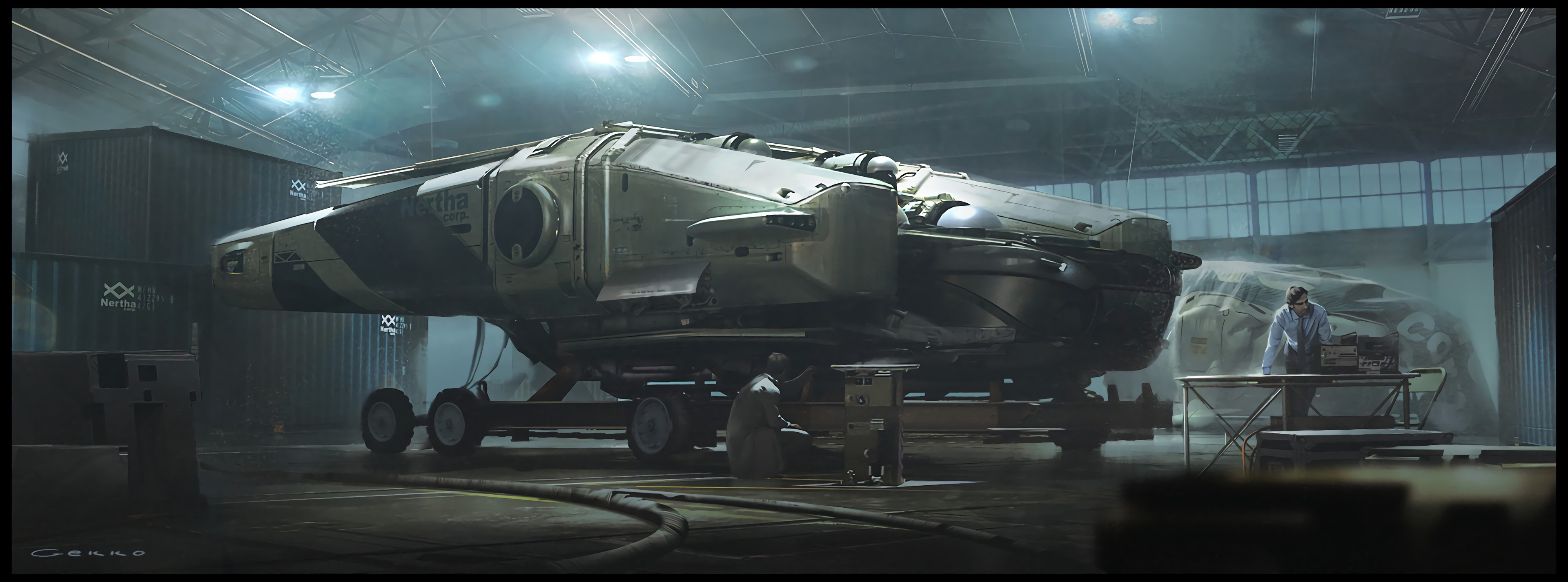 Spaceship in a hangar with workers HD Wallpaper