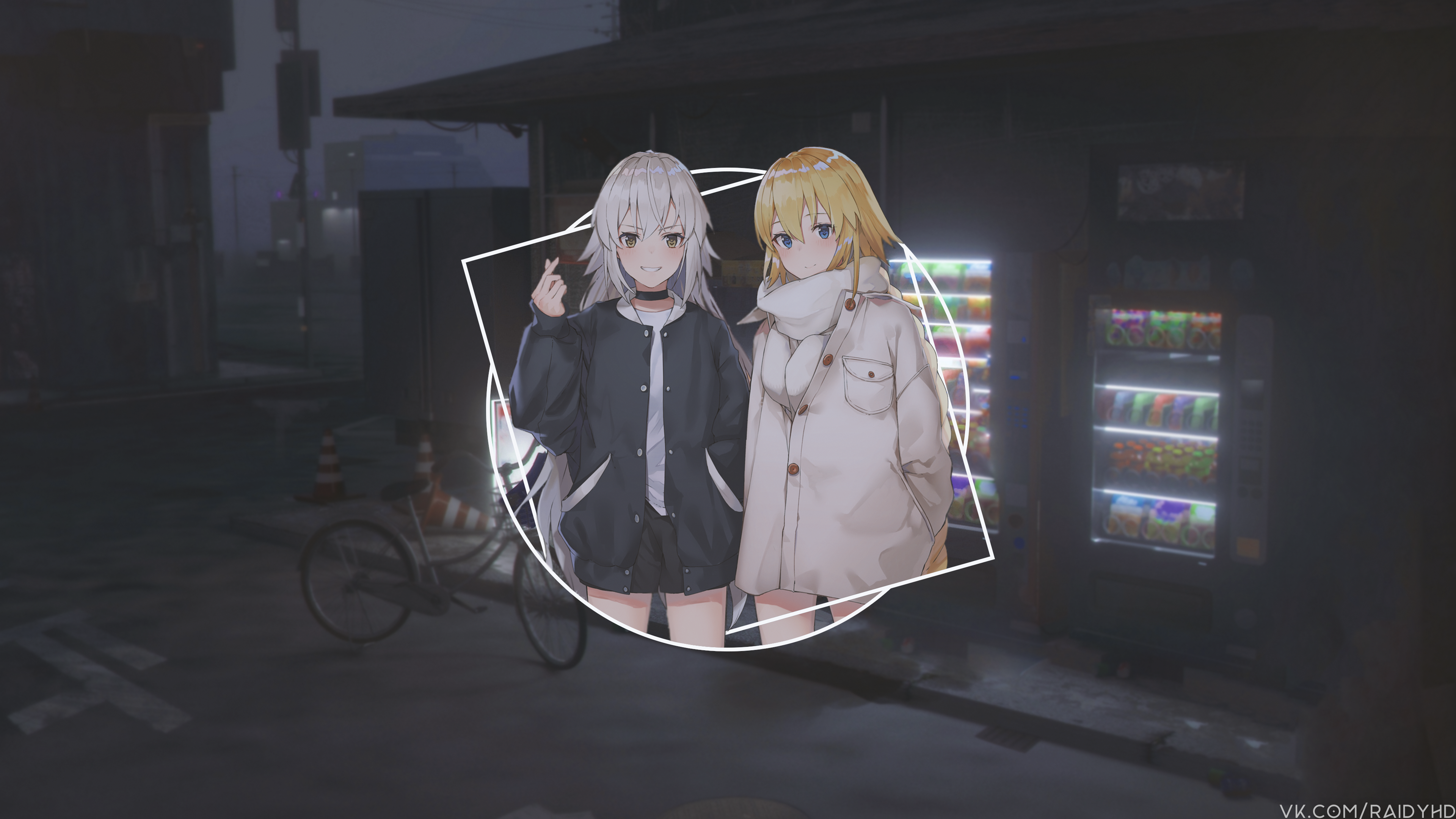 Anime girls in front of vending machines HD Wallpaper