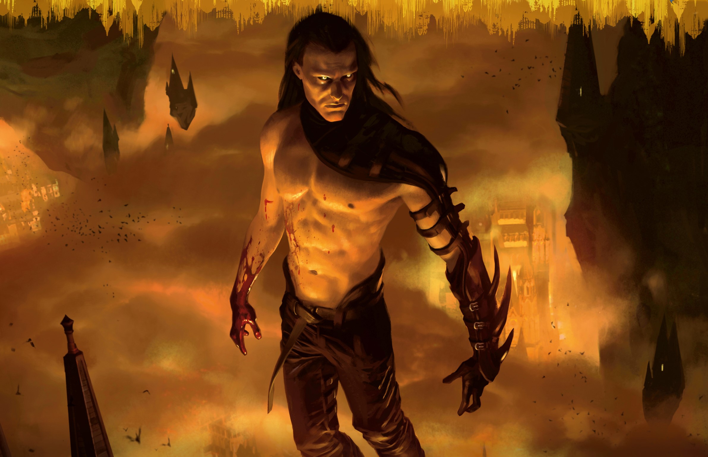 Man with bloodied arms in a fantasy city HD Wallpaper