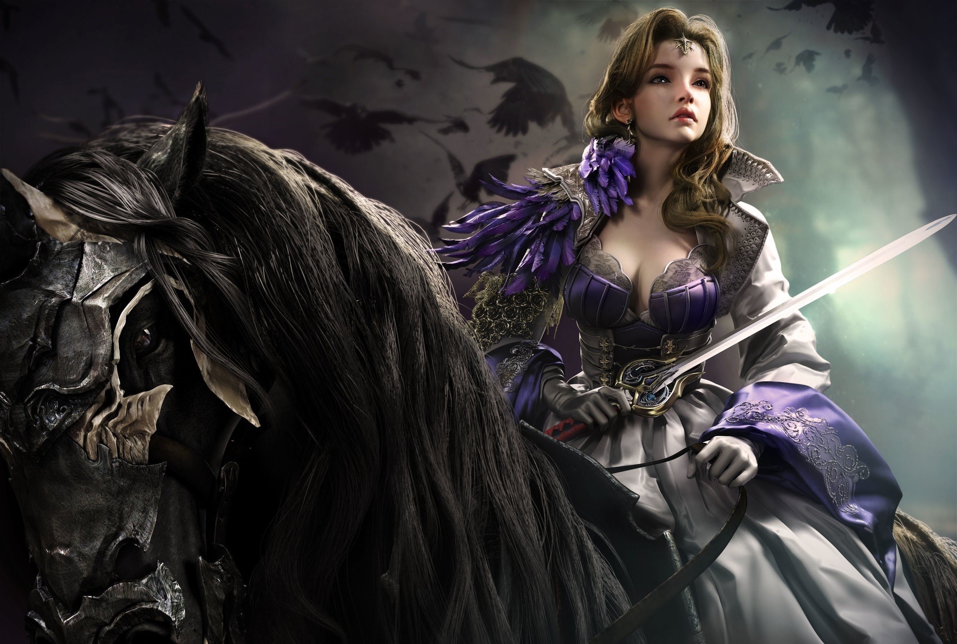 Woman in fantasy armor riding a black horse HD Wallpaper