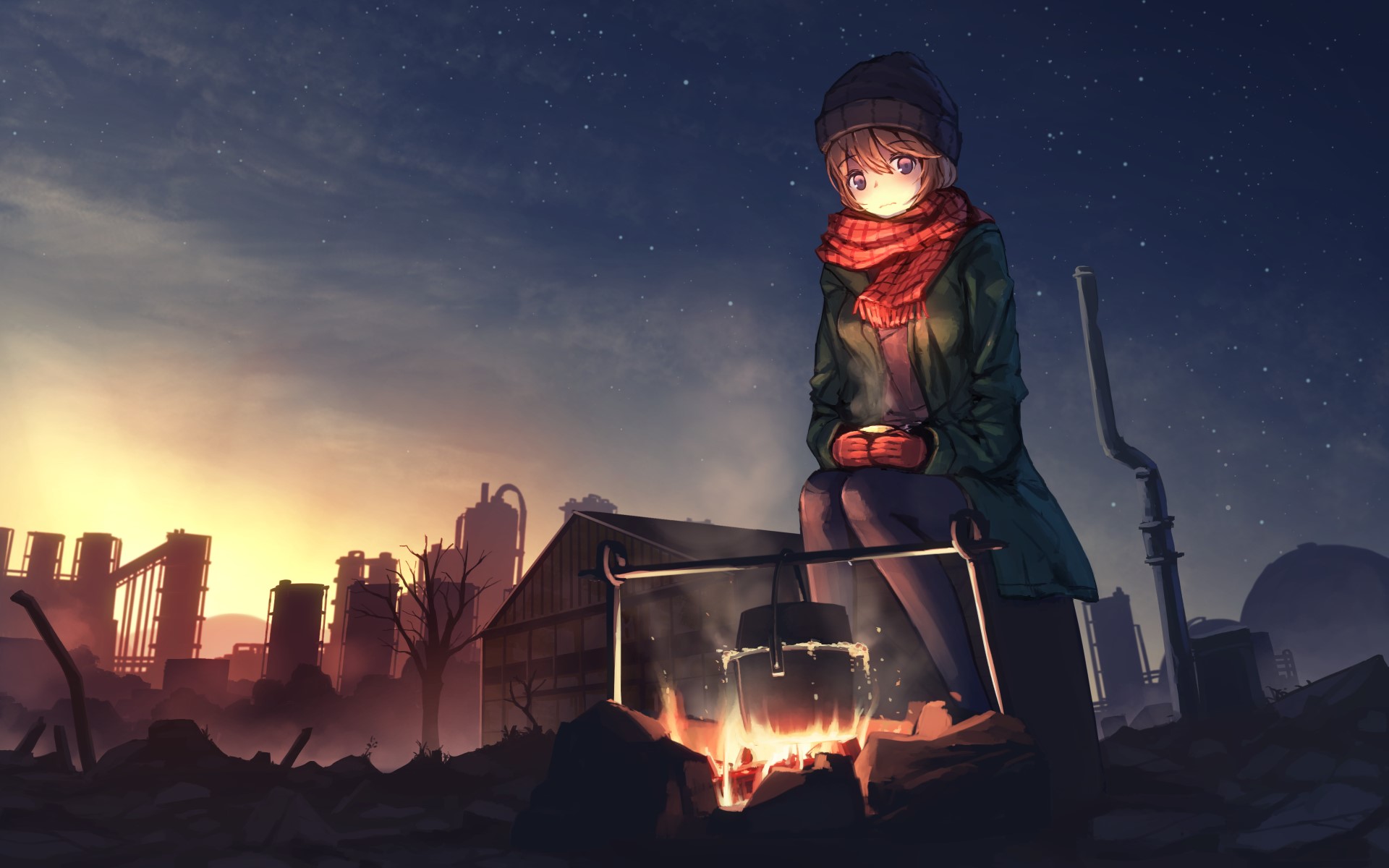 Anime girl by campfire in ruined city HD Wallpaper