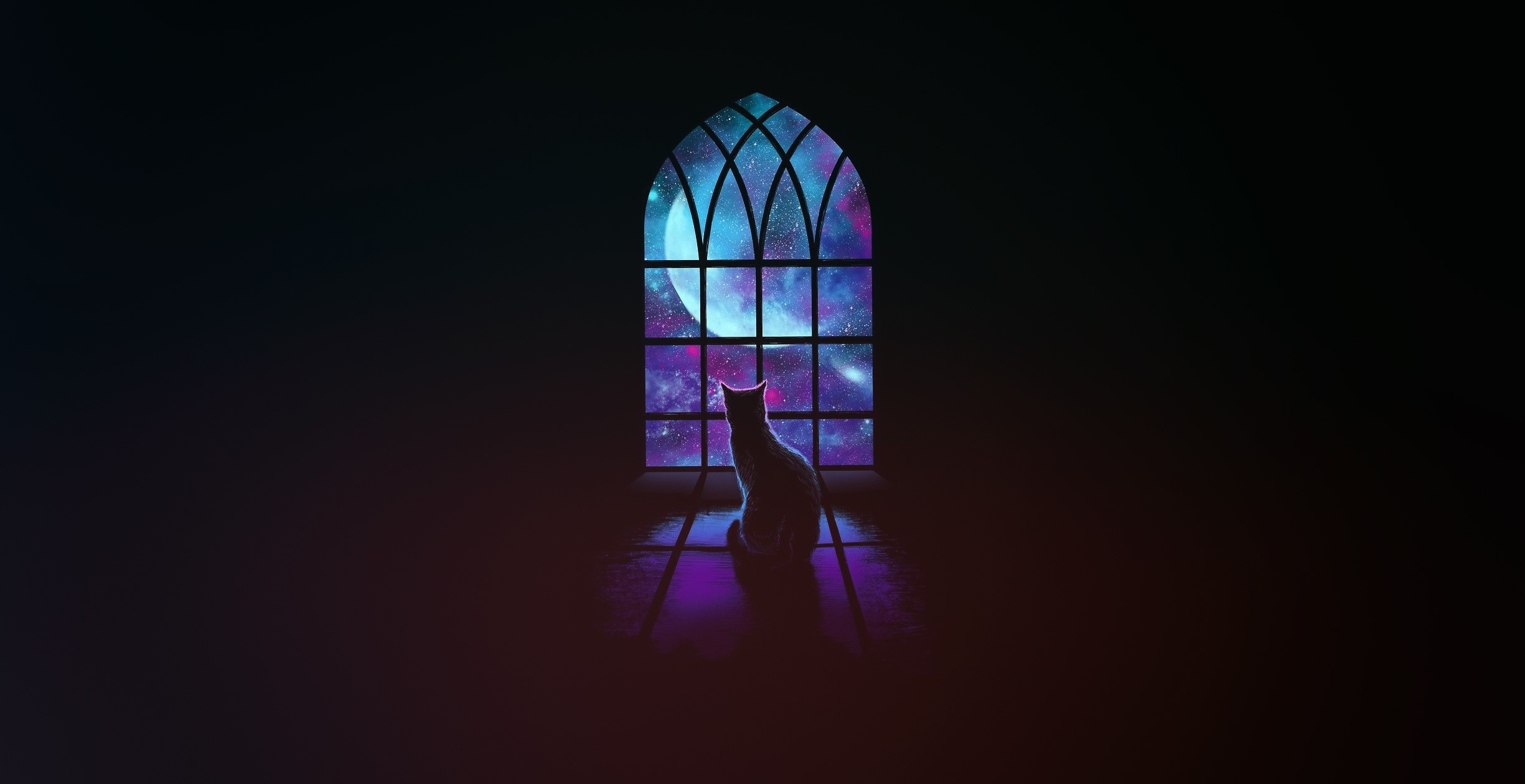 Cat looking out a gothic window at a galaxy HD Wallpaper
