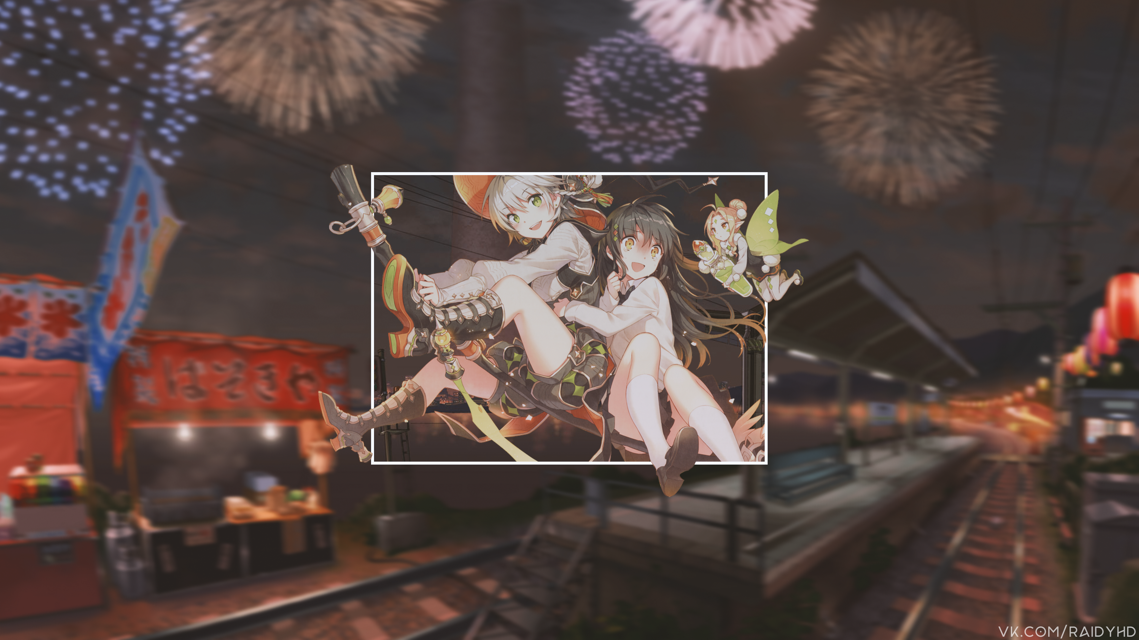 Anime girls at a festival with fireworks HD Wallpaper