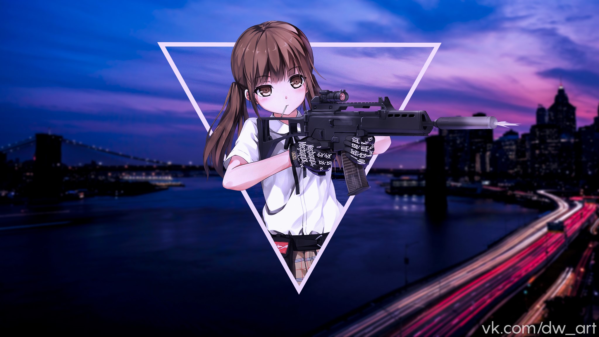 Anime girl with a rifle in front of a city skyline HD Wallpaper
