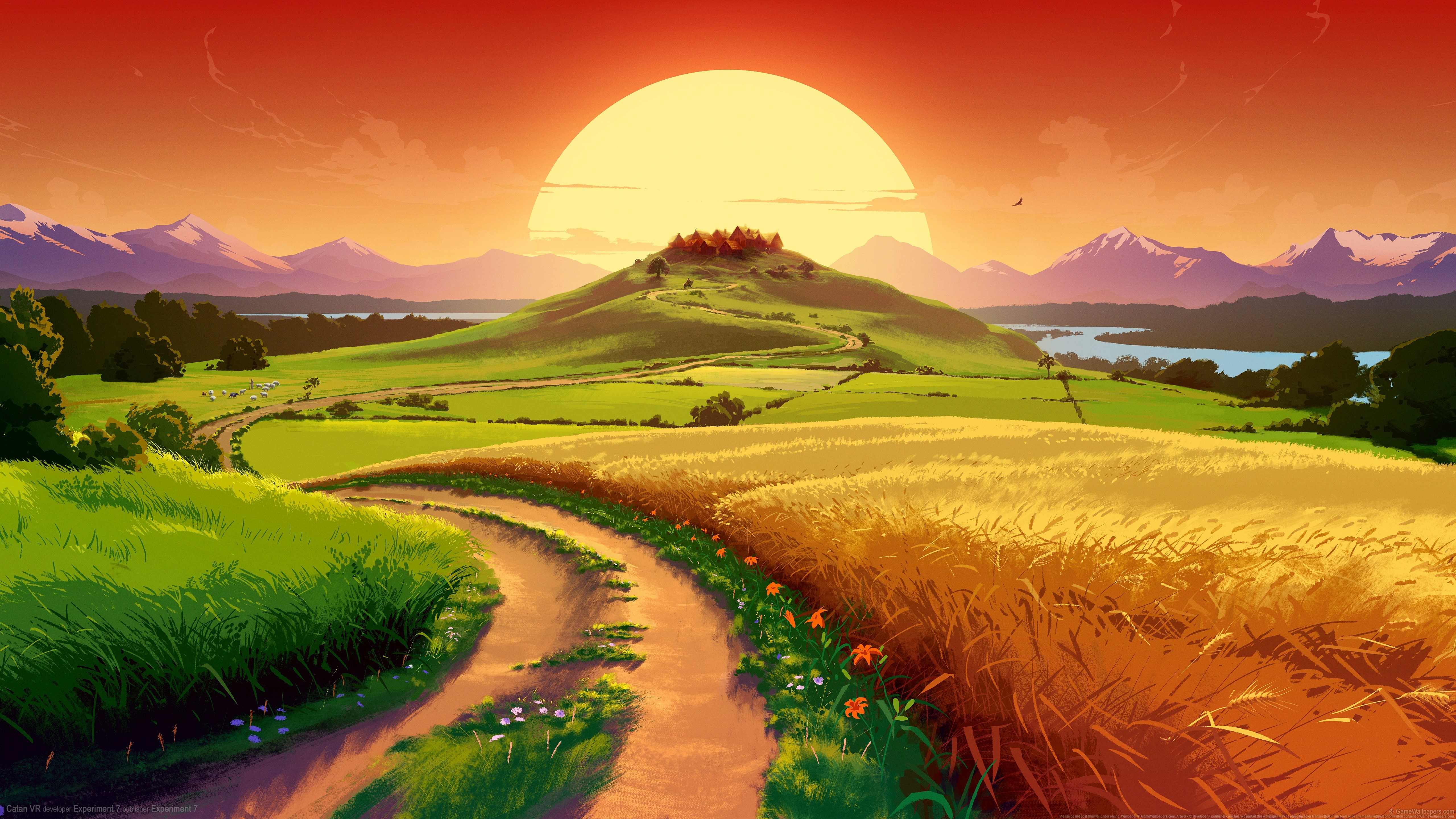 Catan 4K Sunset Over Rolling Fields HD Wallpaper