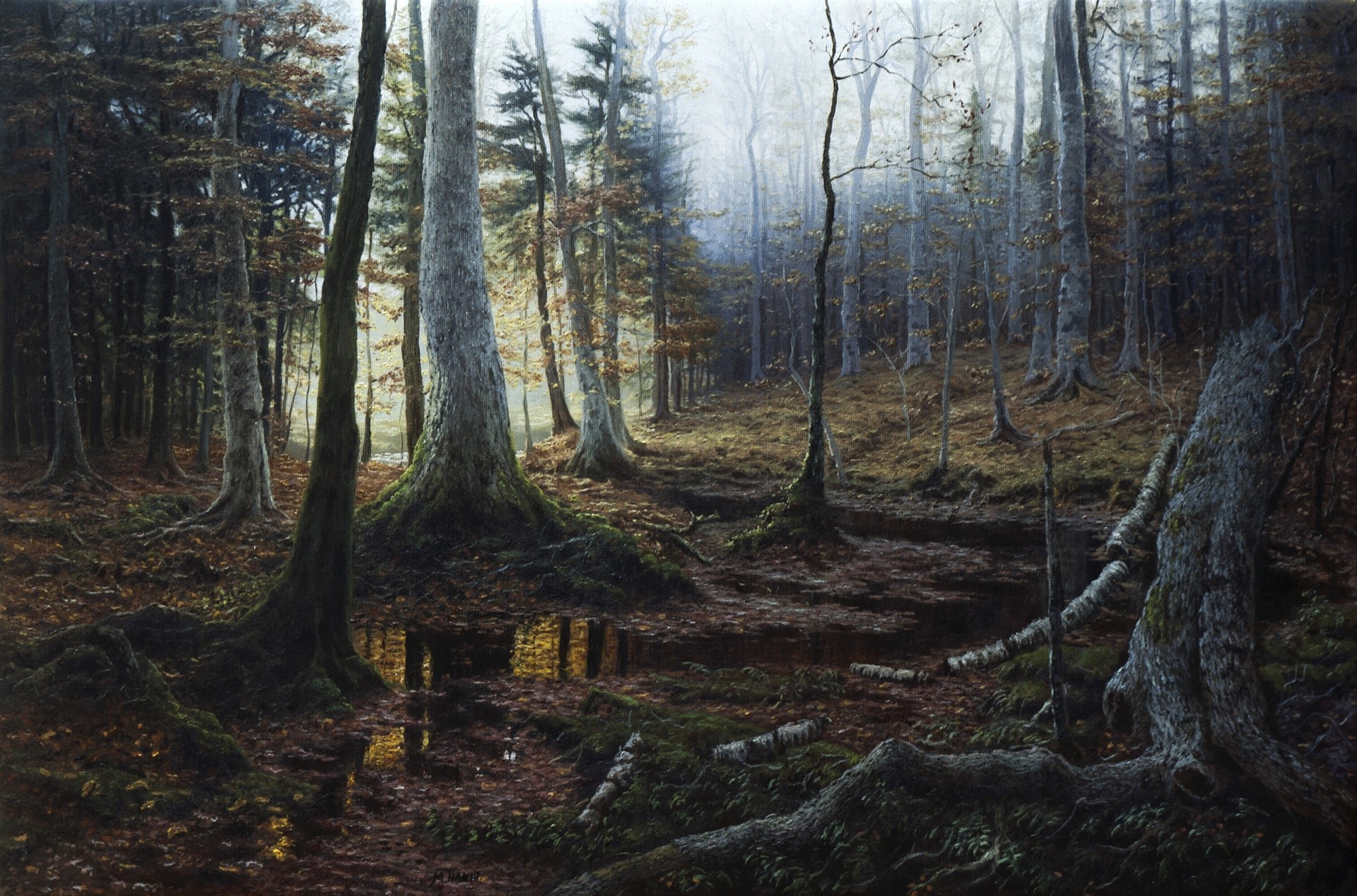 Painting of a misty forest with a small stream HD Wallpaper