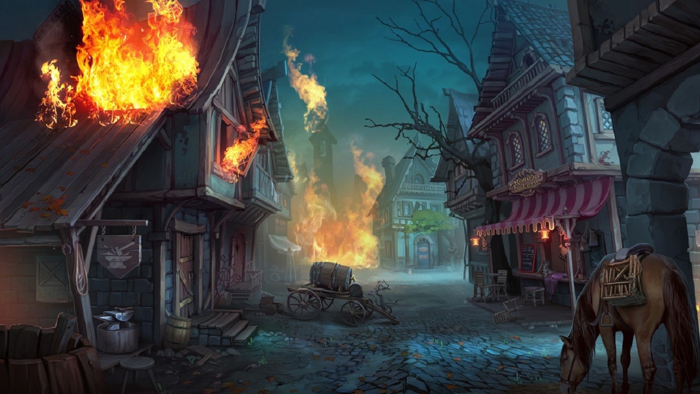 Village on fire with a horse grazing HD Wallpaper