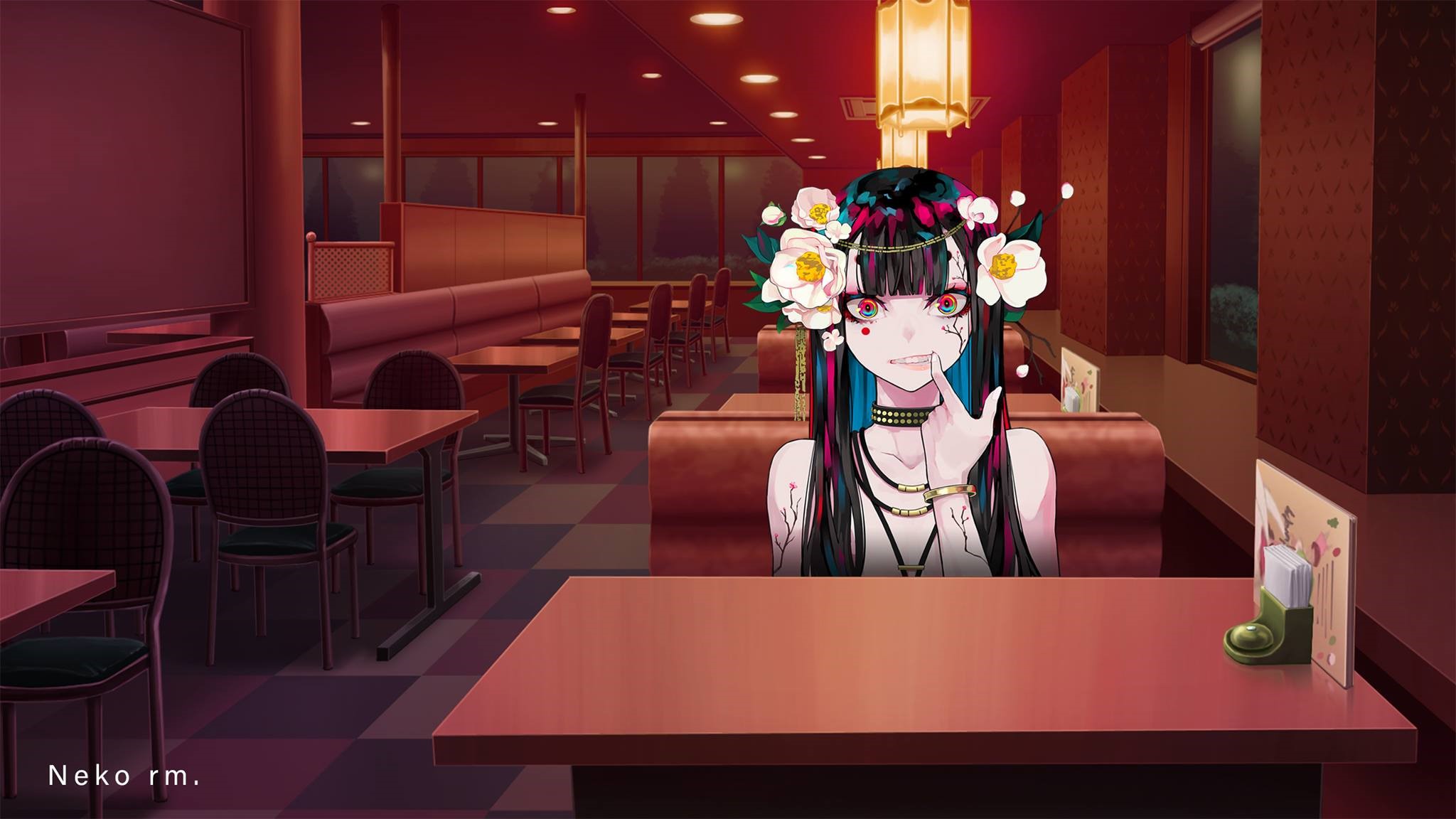 Anime girl with flowers in hair in a diner HD Wallpaper