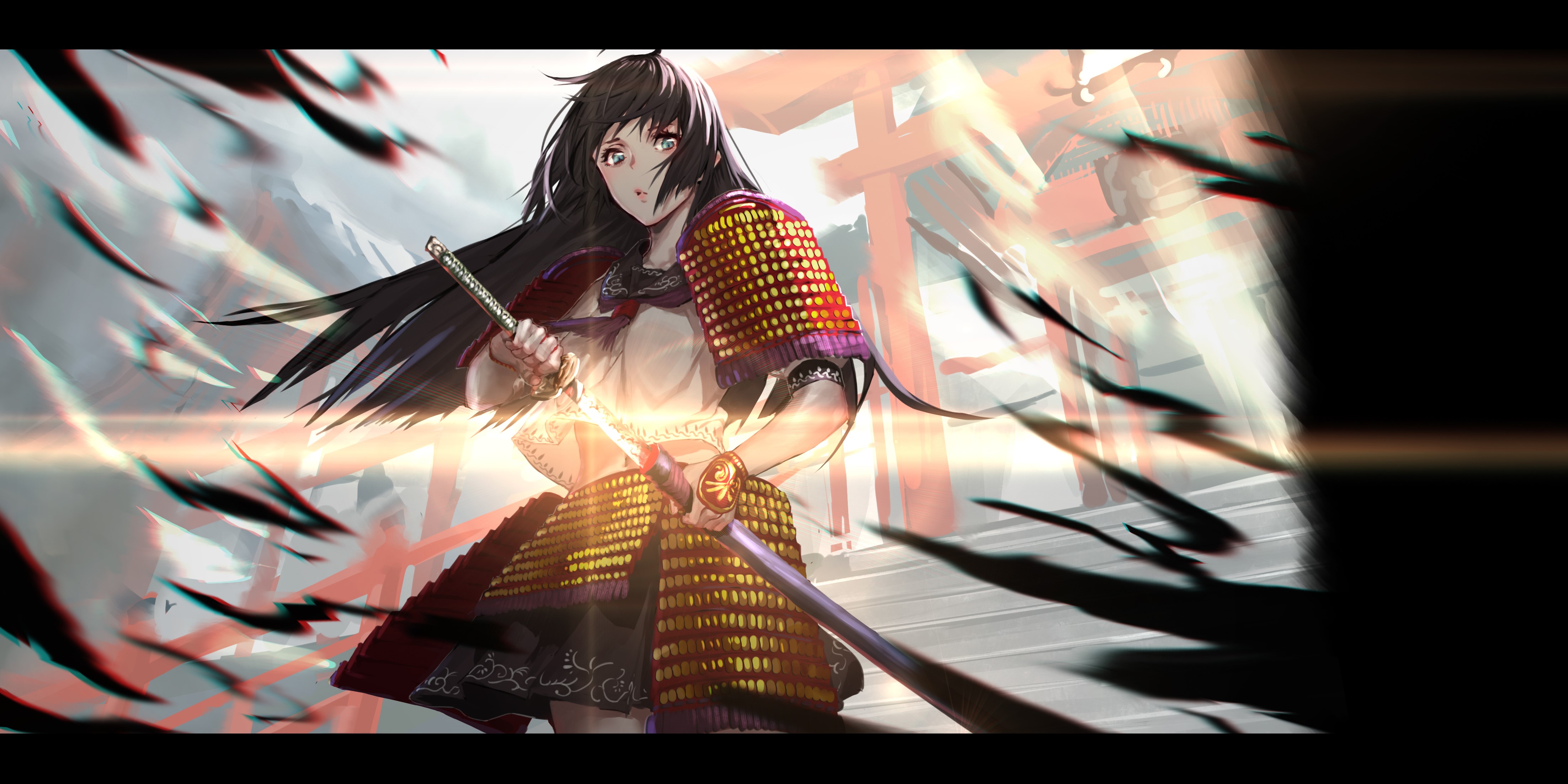 Rolua Noa, a samurai warrior with black hair, holding a katana HD Wallpaper