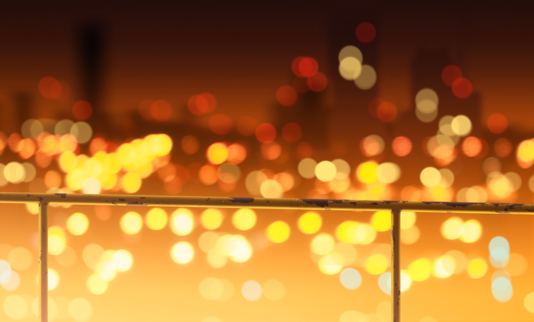 Bokeh lights cityscape at night with railing HD Wallpaper