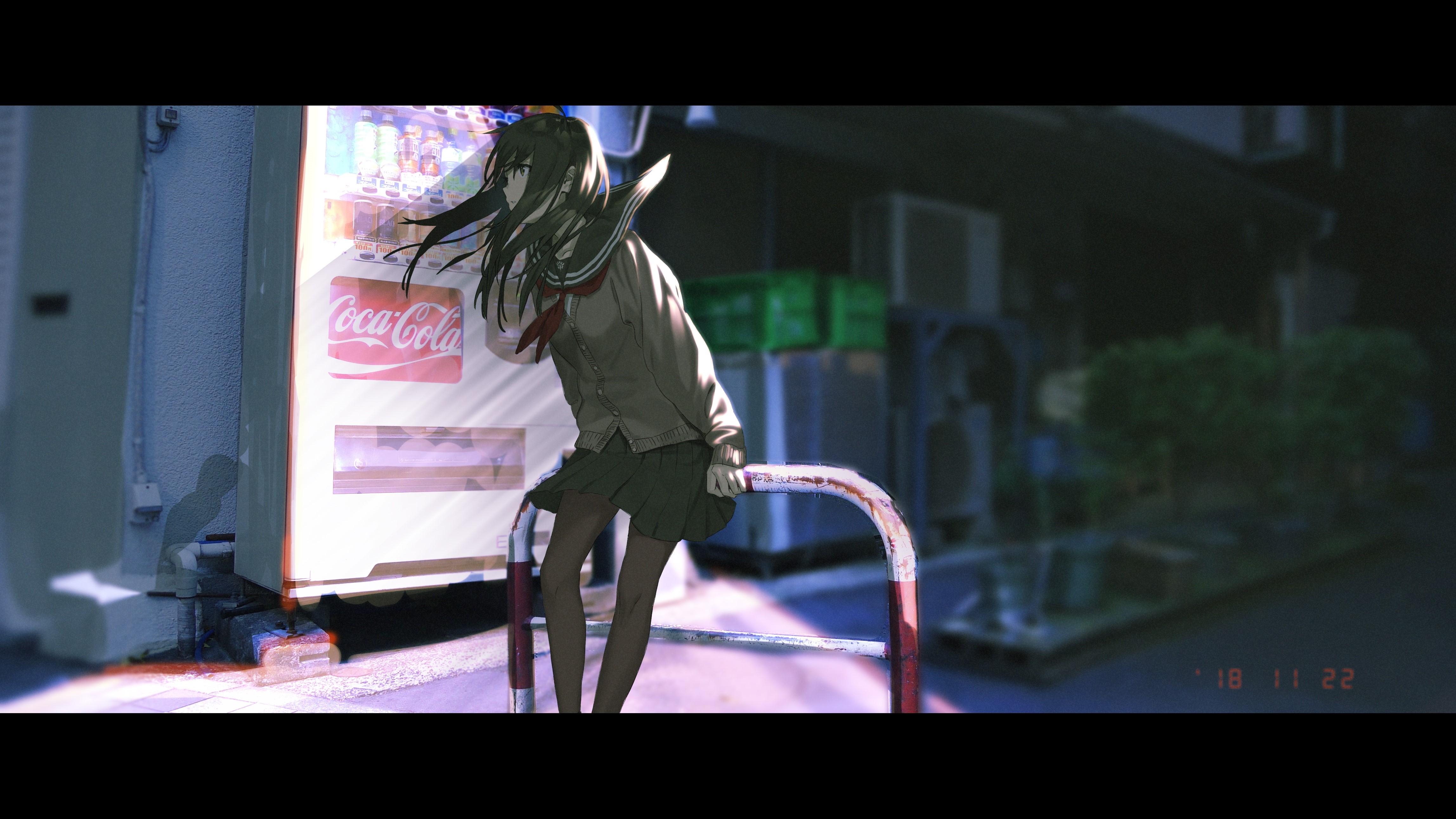 Anime girl in sailor uniform by Coca-Cola vending machine HD Wallpaper