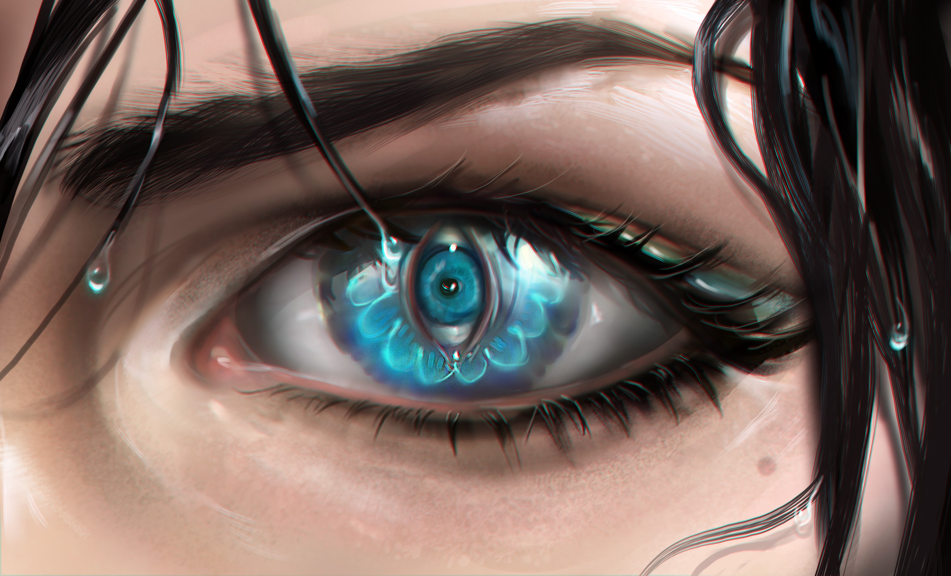 Close-up of an anime eye with a flower pattern in the iris HD Wallpaper