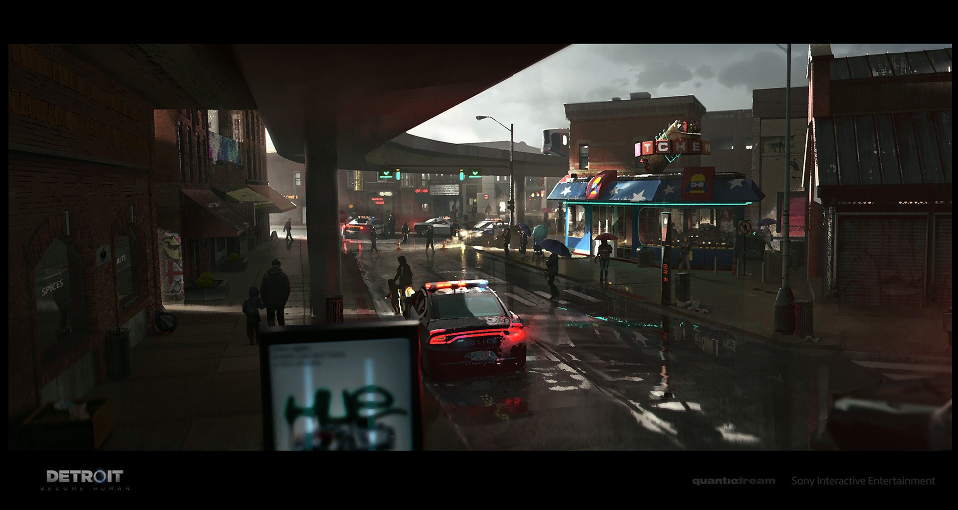 Detroit: Become Human artwork of a city street with police car HD Wallpaper