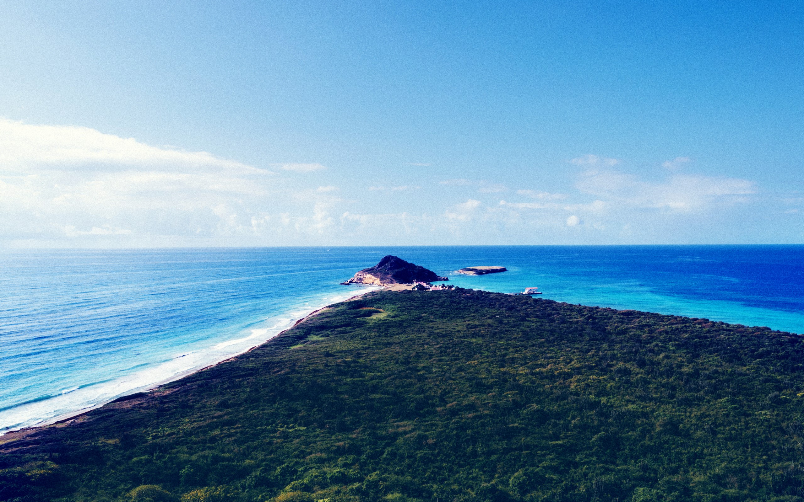 Island with green forest and blue ocean under sky HD Wallpaper