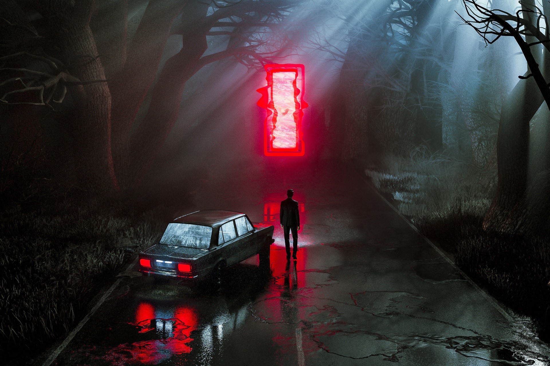 Man and LADA car near a glowing portal in a dark forest HD Wallpaper