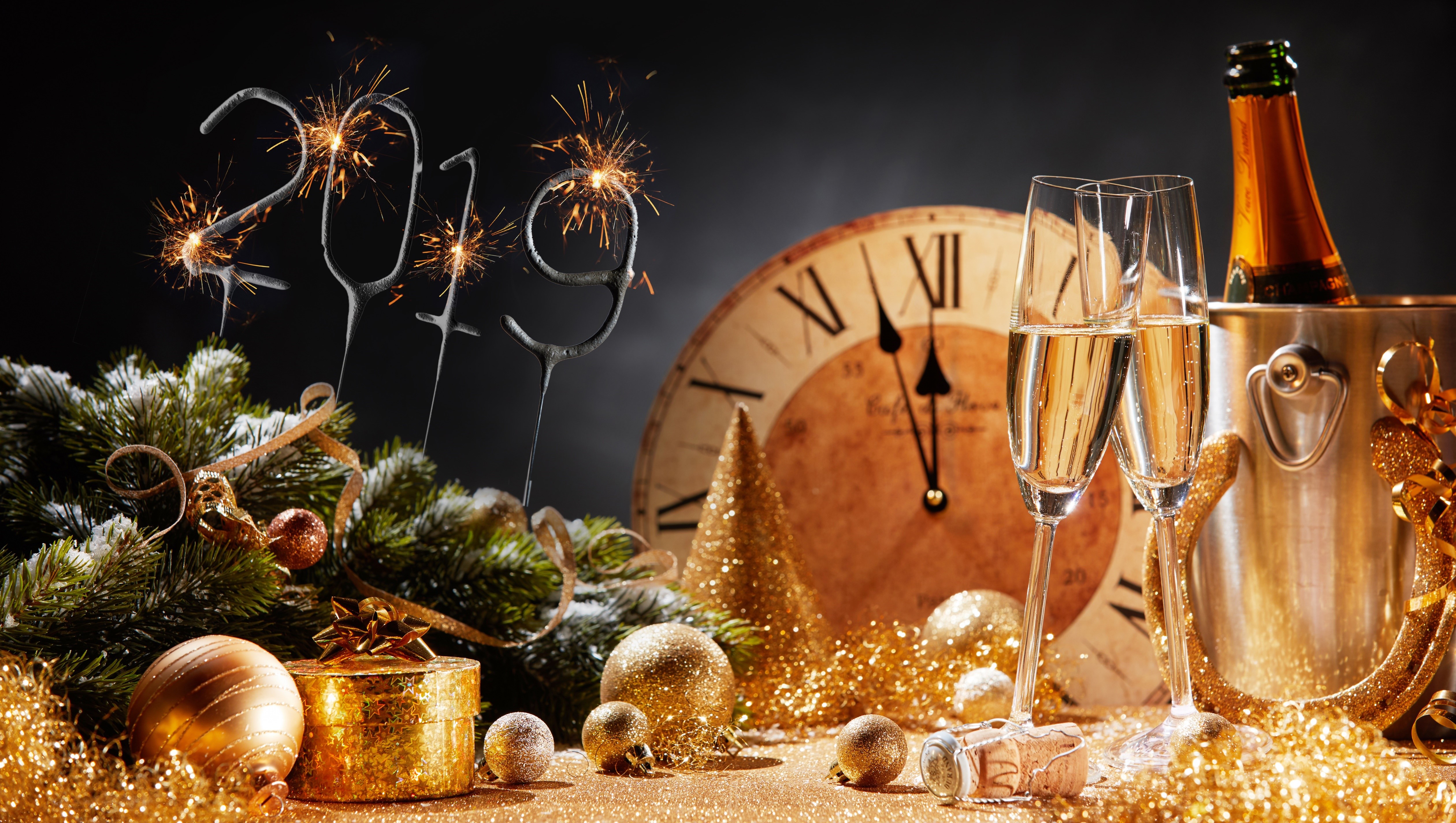 New Year's Eve 2019 Celebration with Champagne and Clock HD Wallpaper