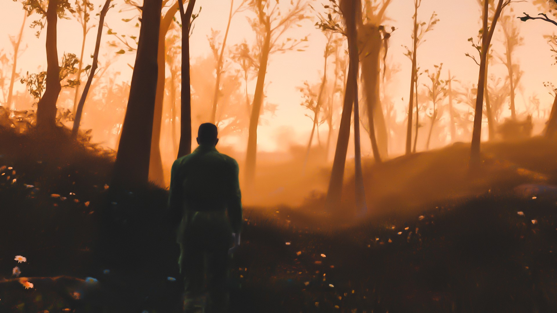 Man in Fallout 4 walks through a foggy forest HD Wallpaper