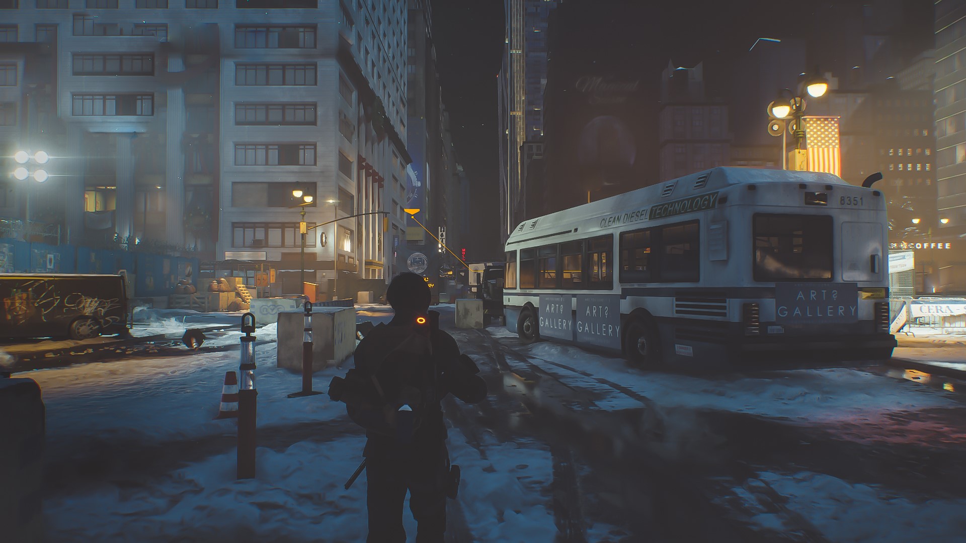 A character from Tom Clancy's The Division in a snowy city at night HD Wallpaper